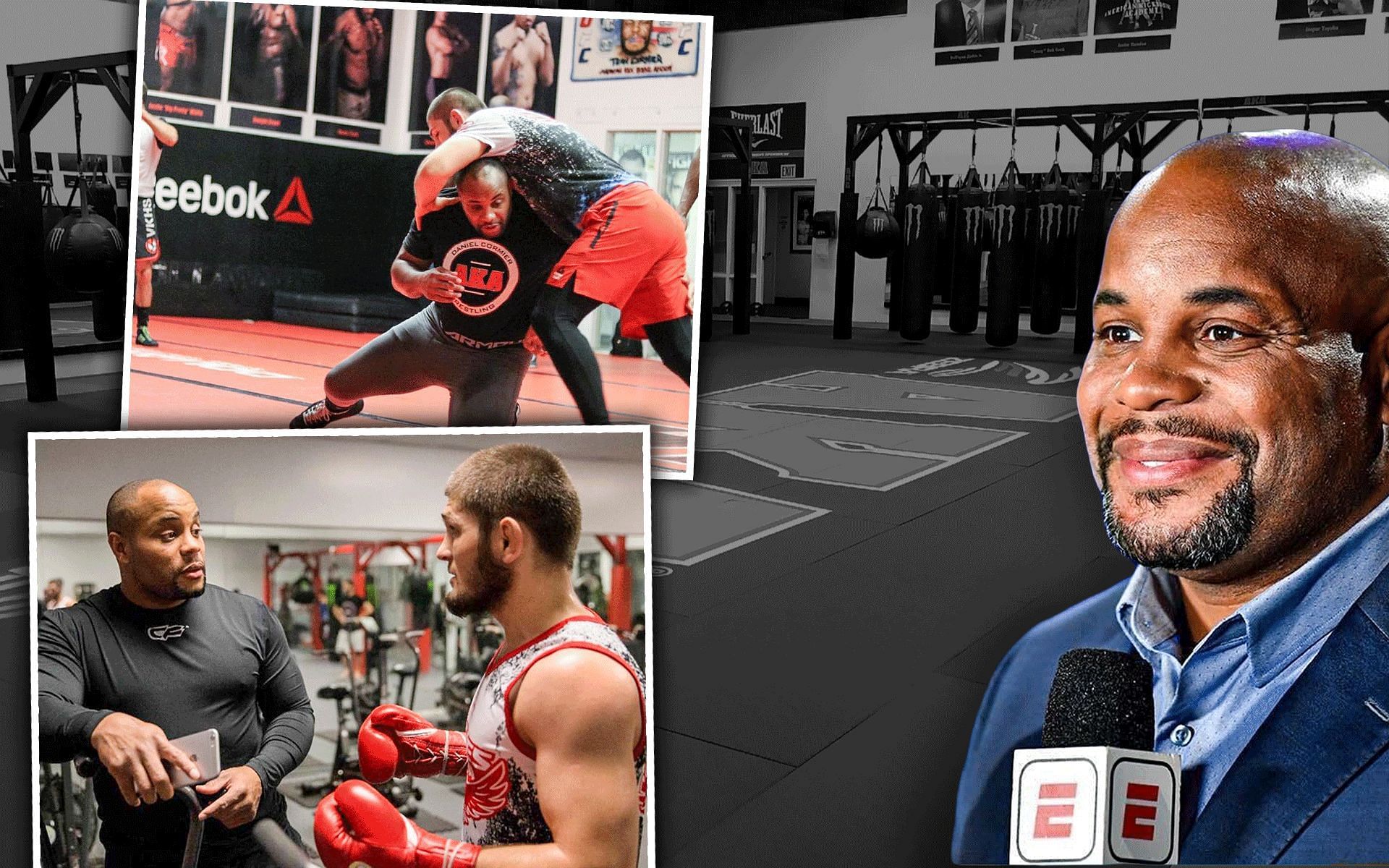 Daniel Cormier and Khabib Nurmagomedov at the AKA gym [Cormier image courtesy - @dc_mma on Instagram, images on the left courtesy - @khabib_nurmagomedov on Instagram, and background image courtesy - americankickboxingacademy.com]