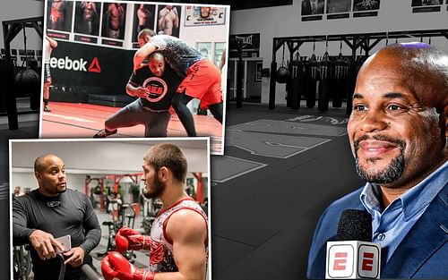 Daniel Cormier and Khabib Nurmagomedov at the AKA gym [Cormier image courtesy - @dc_mma on Instagram, images on the left courtesy - @khabib_nurmagomedov on Instagram, and background image courtesy - americankickboxingacademy.com]