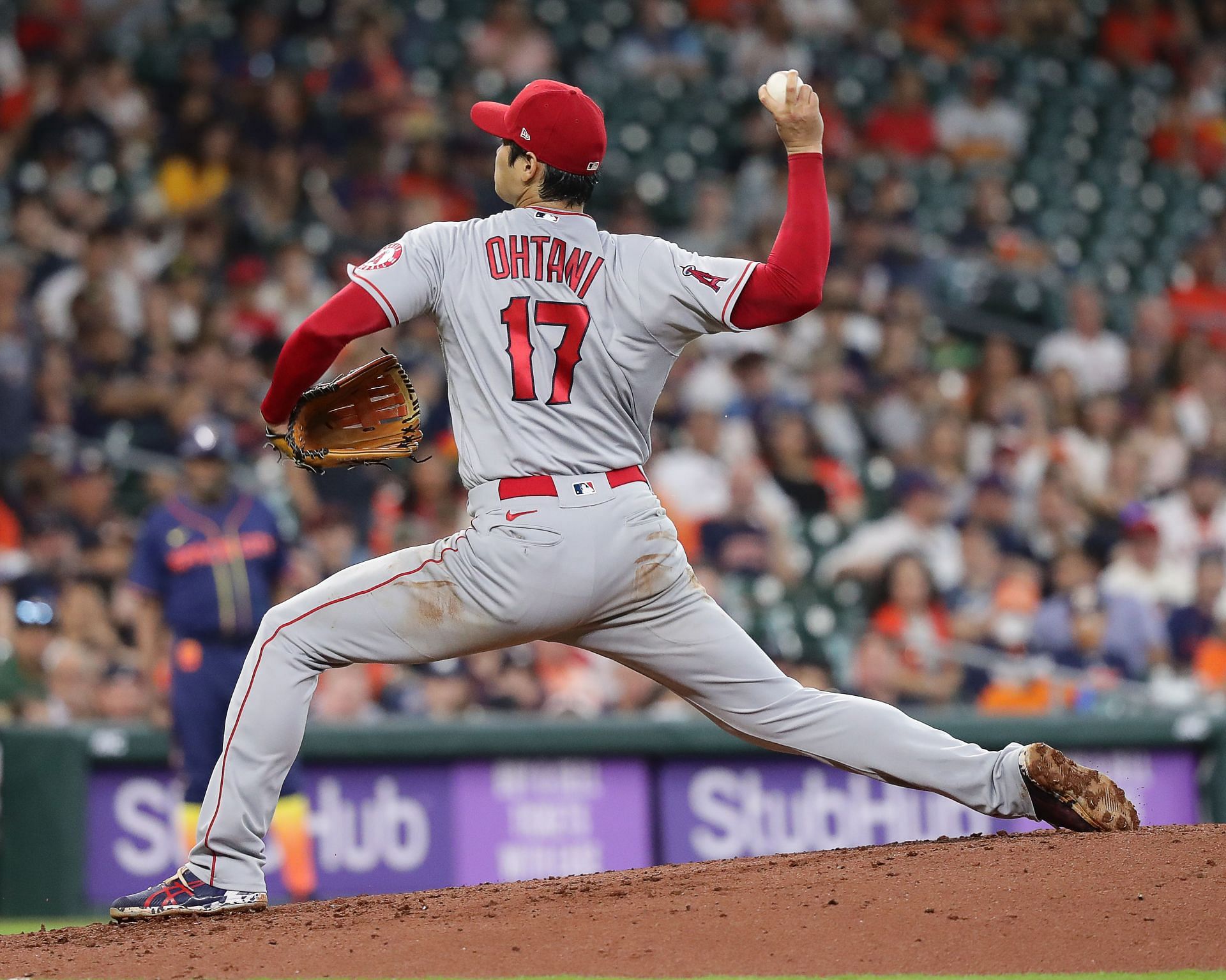 Shohei Ohtani pitches against the Houston Astros at Minute Maid Park.