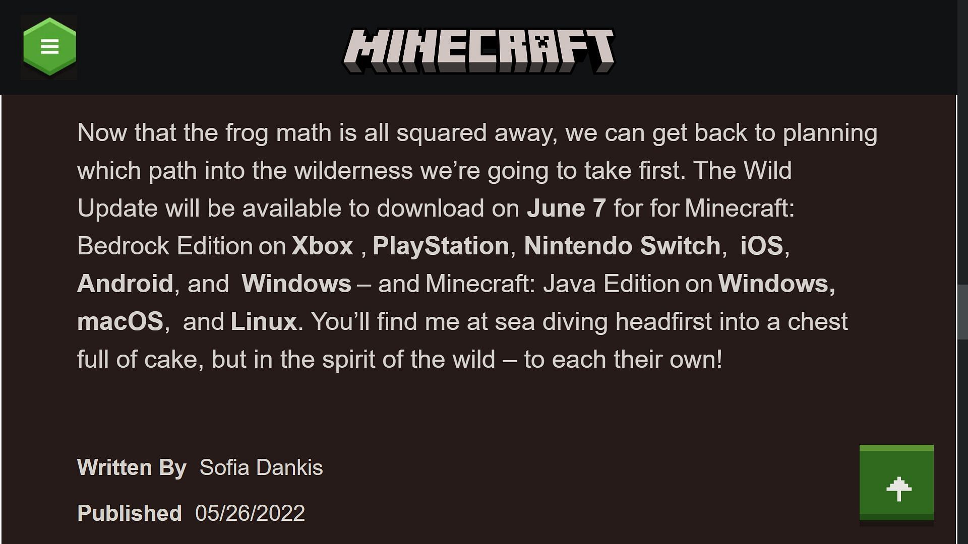 The official statement by Mojang on the update being released on all platforms on the same day (Image via Sportskeeda)