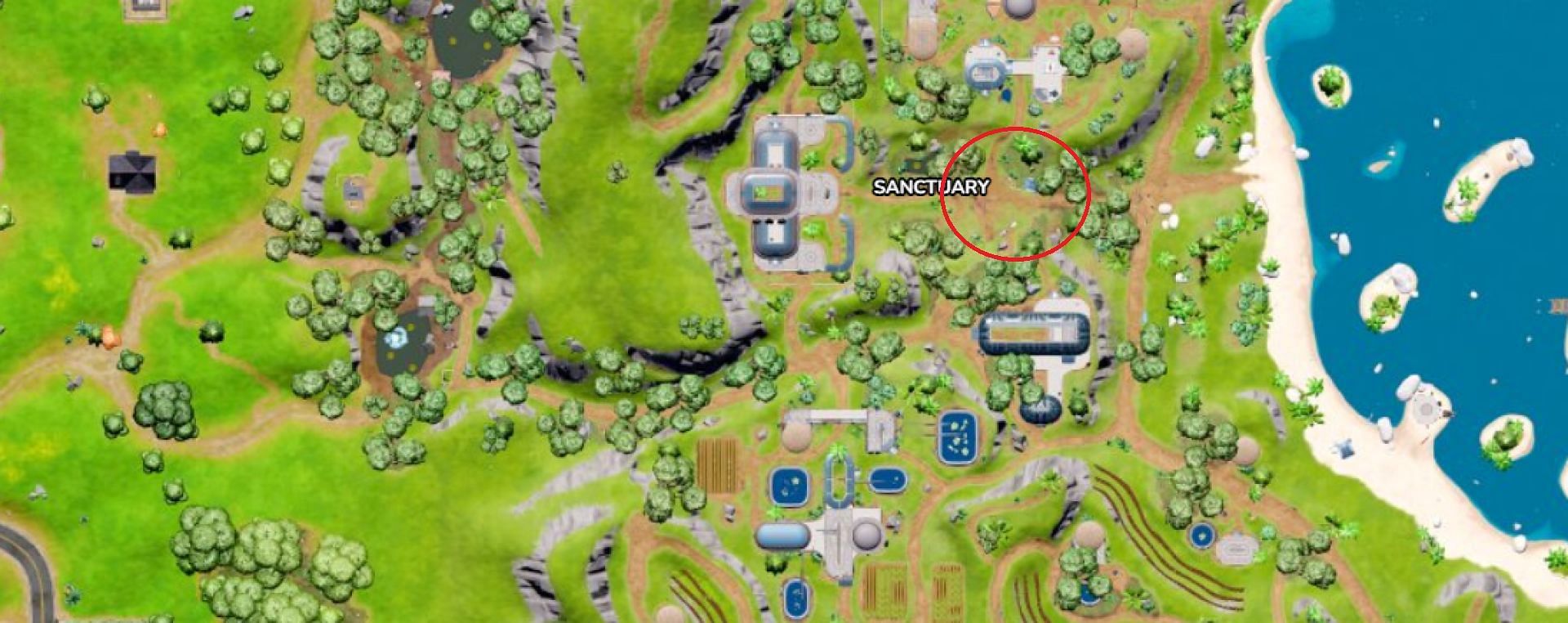 Turret location in Sanctuary circled in red (Image via Fortnite.GG)