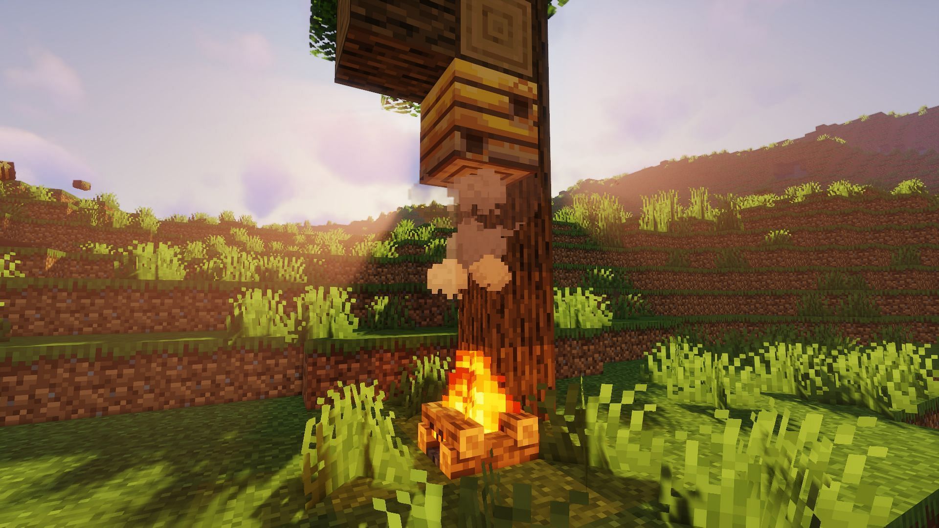 A campfire placed underneath a bee nest (Image via Minecraft)