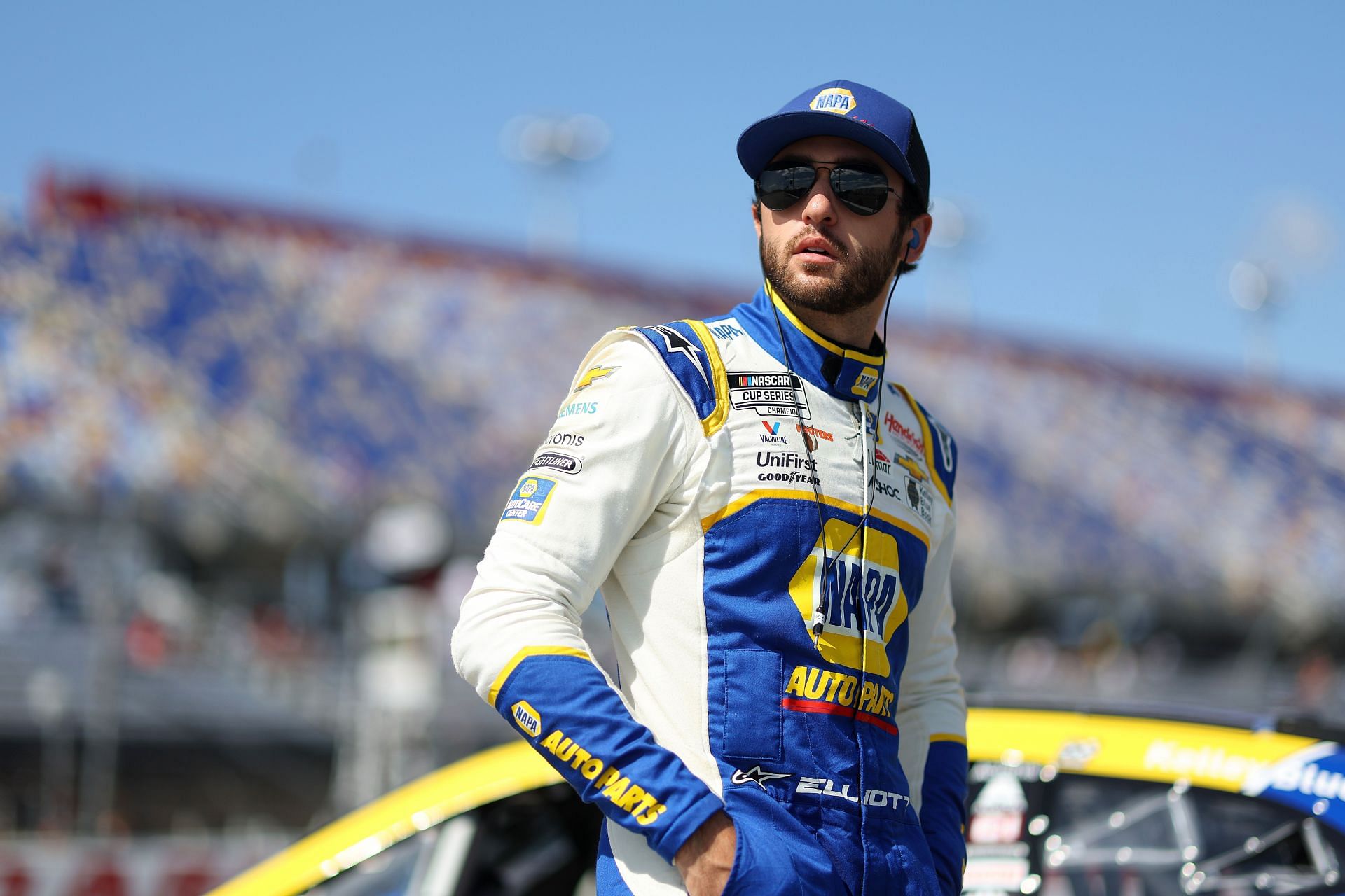 Chase Elliott looks on during practice for the NASCAR Cup Series Goodyear 400 at Darlington Raceway