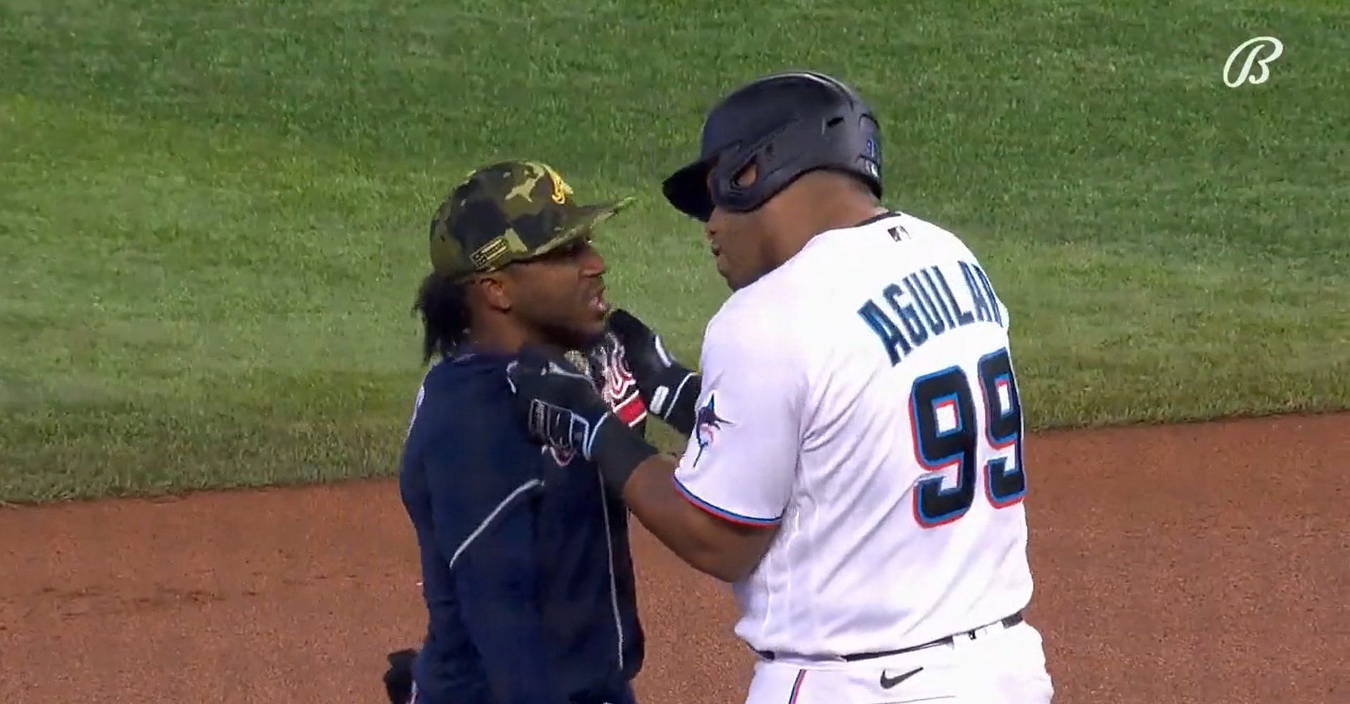 Ozzie Albies and Jesus Aguilar&#039;s exchange (via Bally Sports)