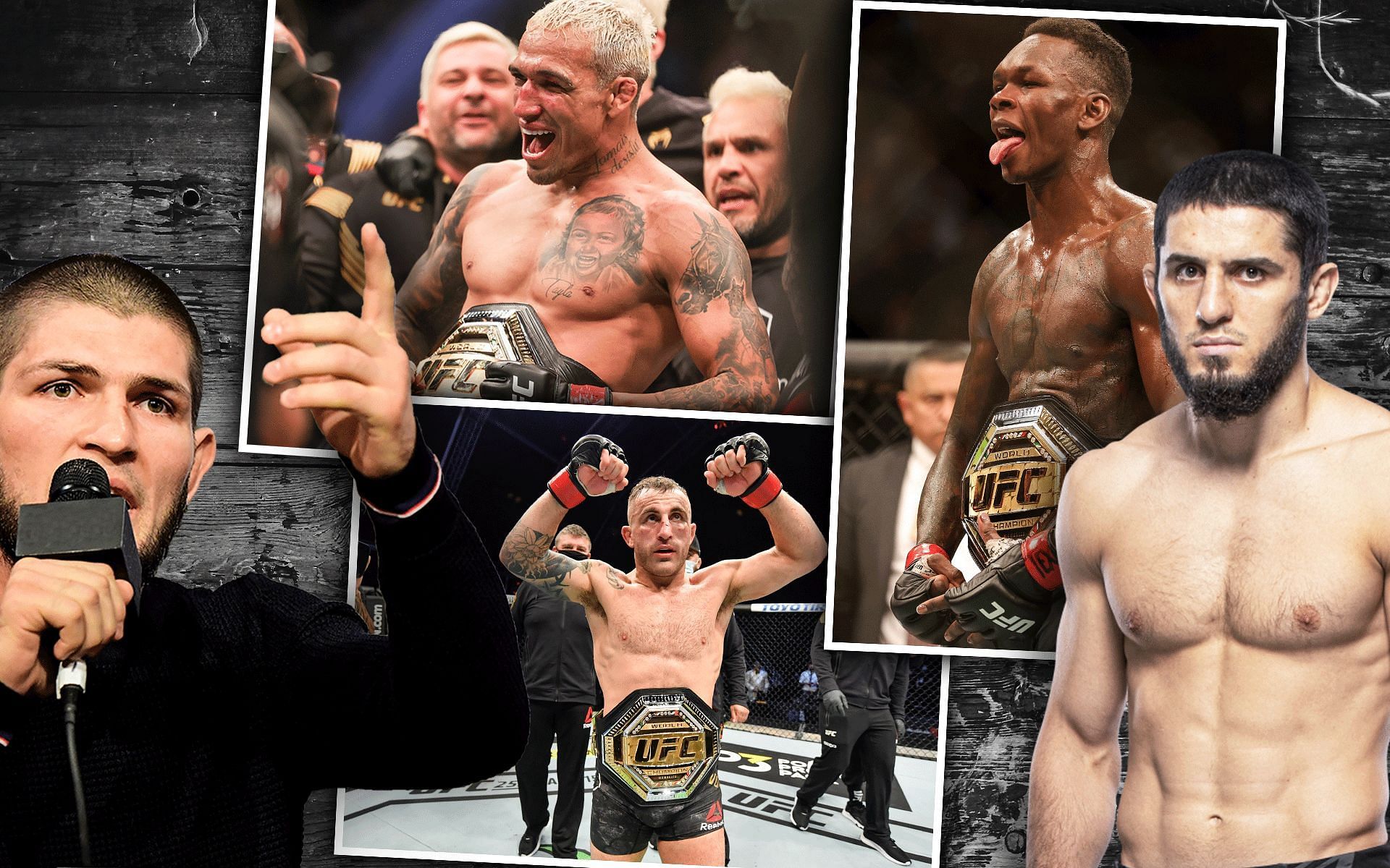 Khabib Nurmagomedov (left), Charles Oliveira (top), Alexander Volkanovski (bottom), Israel Adesanya (top right), Islam Makhachev (right) [Images courtesy of UFC.com]