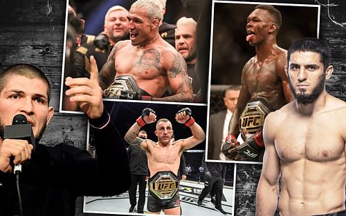 Khabib Nurmagomedov (left), Charles Oliveira (top), Alexander Volkanovski (bottom), Israel Adesanya (top right), Islam Makhachev (right) [Images courtesy of UFC.com]