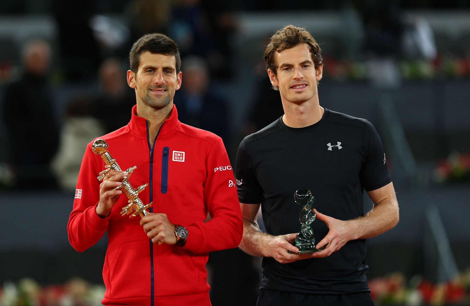Novak Djokovic (L) and Andy Murray at the 2016 Mutua Madrid Open.