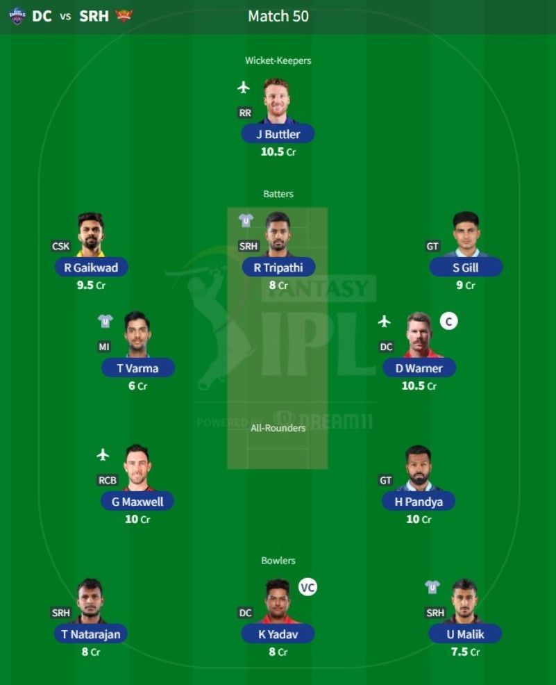 Best IPL Fantasy team for Match 50 - DC vs SRH