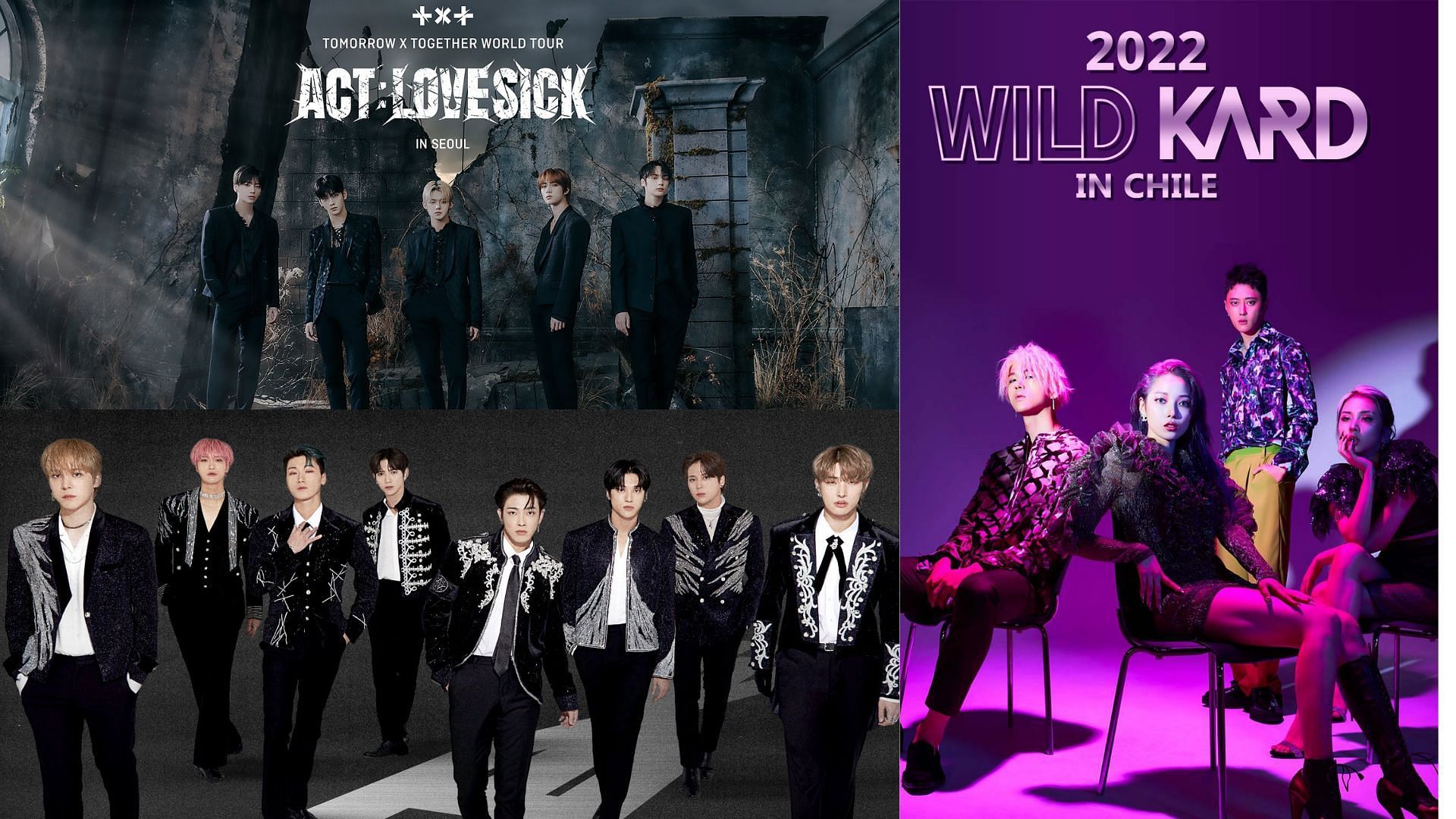 TXT, ATEEZ, and KARD (Images via @weverseofficial/Twitter, @ATEEZofficial/Twitter, and @KARD_Official/Twitter)