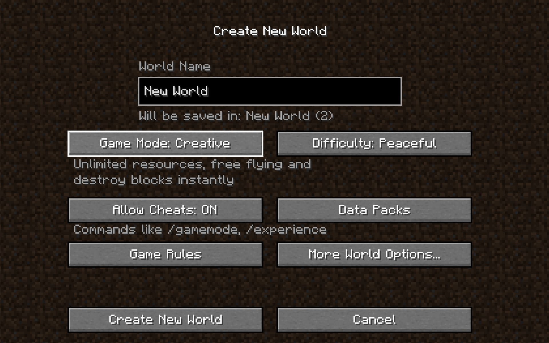Creative mode selection while creating a world (Image via Minecraft)
