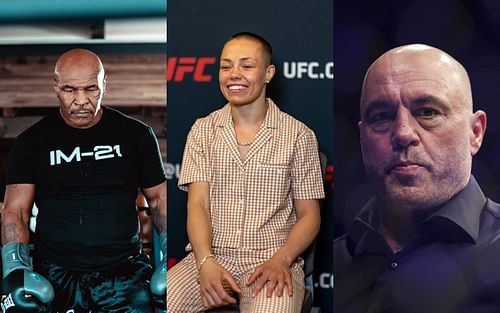 Mike Tyson (left), Rose Namajunas (center), and Joe Rogan (right) [Images courtesy of @miketyson Instagram, @rosenamajunas Instagram, and Getty]