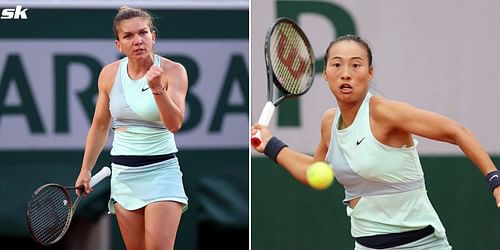 Simona Halep (L) and Qinwen Zheng.