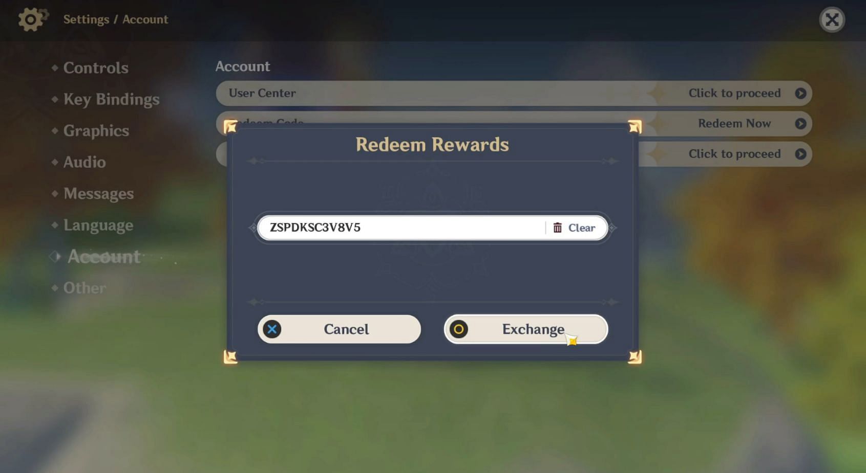 Redeem code in-game (Image via HoYoverse)