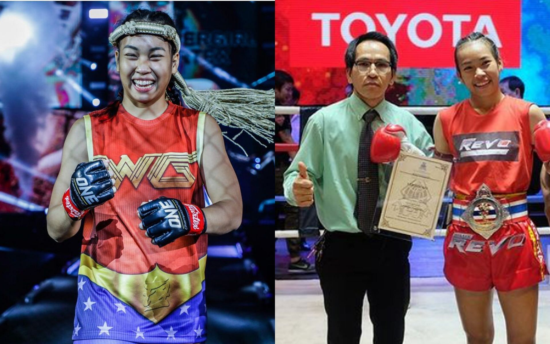 Kru Jaroonsak (R) has been supporting his daughter &#039;Wondergirl&#039; since day one. | [Photos: ONE Championship/@natwondergirl on Instagram]