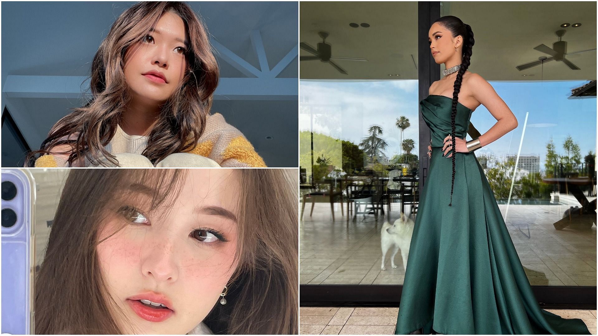 Streamers and fans of Valkyrae react to her dress for the Gold Gala (Images via Miyoung, TinaKitten, and Valkyrae Twitter)