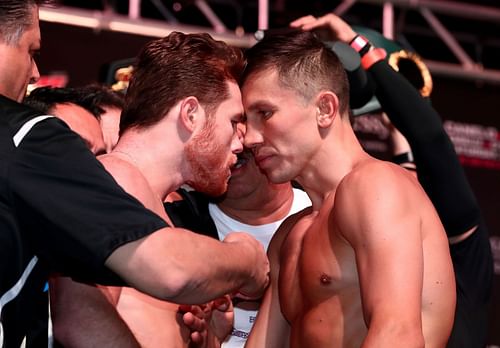 Canelo Alvarez (left) faces off with Gennadiy Golovkin (right) during the weighj-in Canelo-Golovkin II