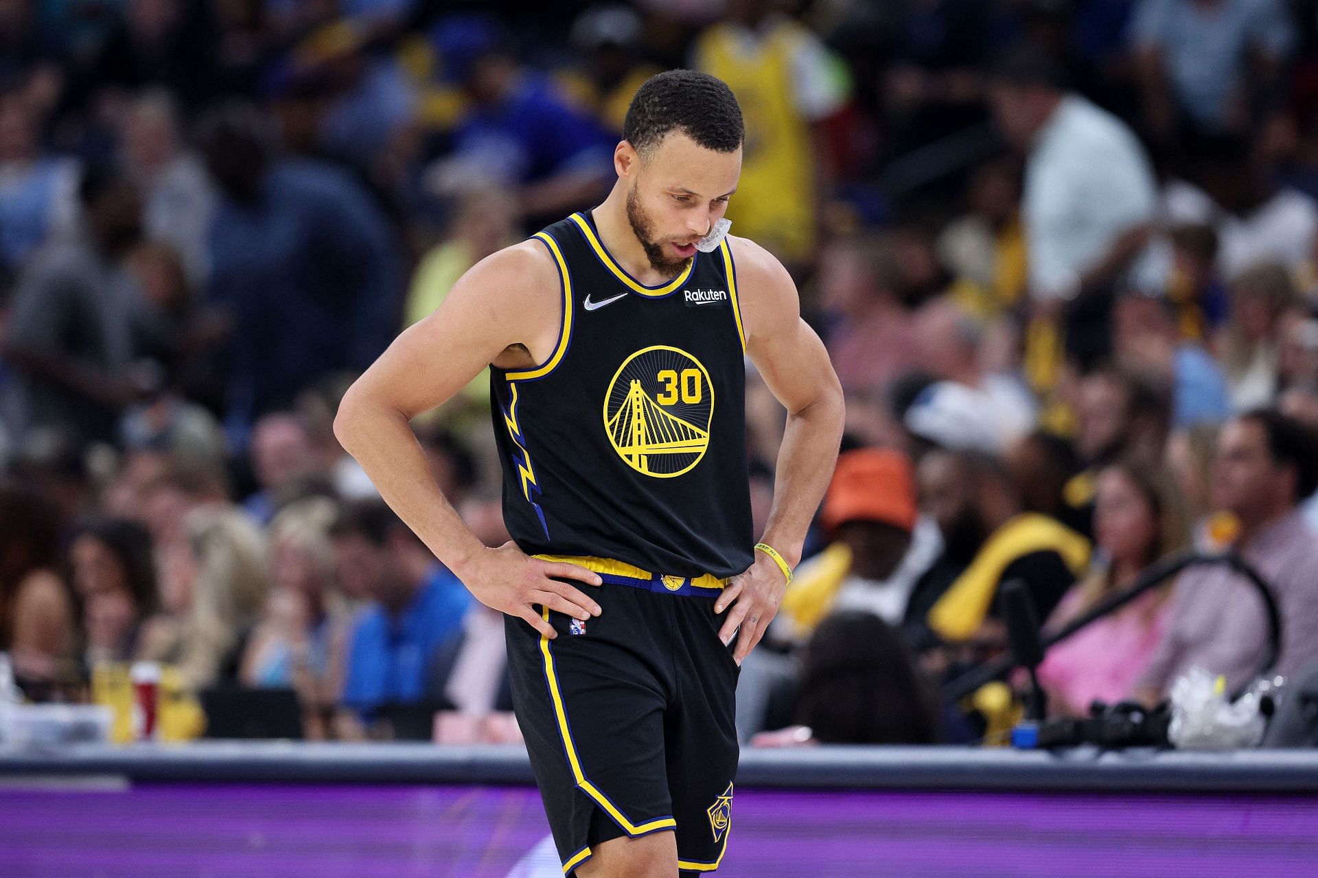 Steph Curry #30 of the Golden State Warriors reacts against the Memphis Grizzlies during the third quarter in Game Five of the 2022 NBA Playoffs Western Conference Semifinals at FedExForum on May 11, 2022 in Memphis, Tennessee.