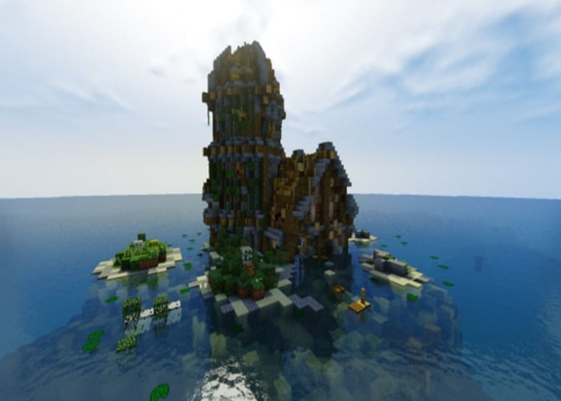 A decrepit island hideaway is certainly an interesting home design angle (Image via Mojang)