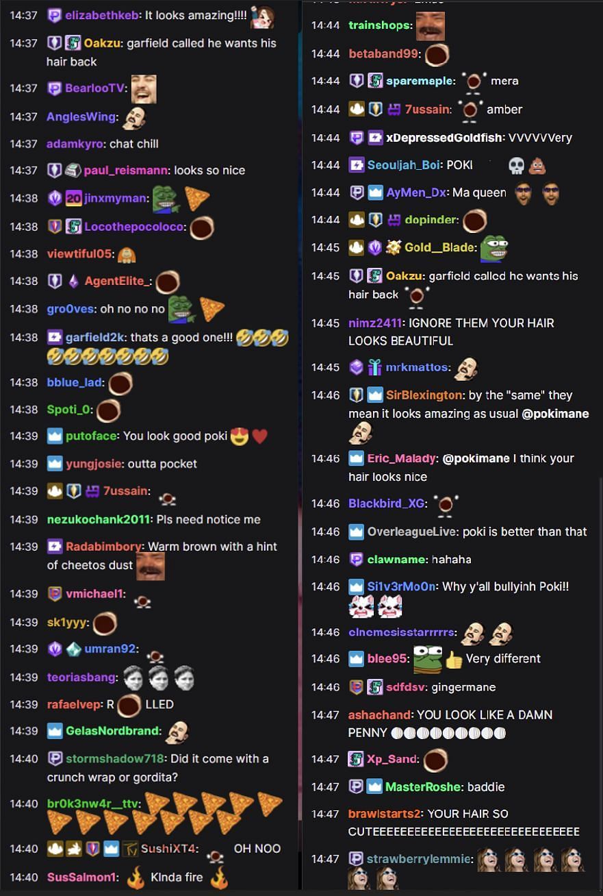 Fans reacting to the streamer&#039;s new hairstyle (Image via Pokimane/Twitch chat)