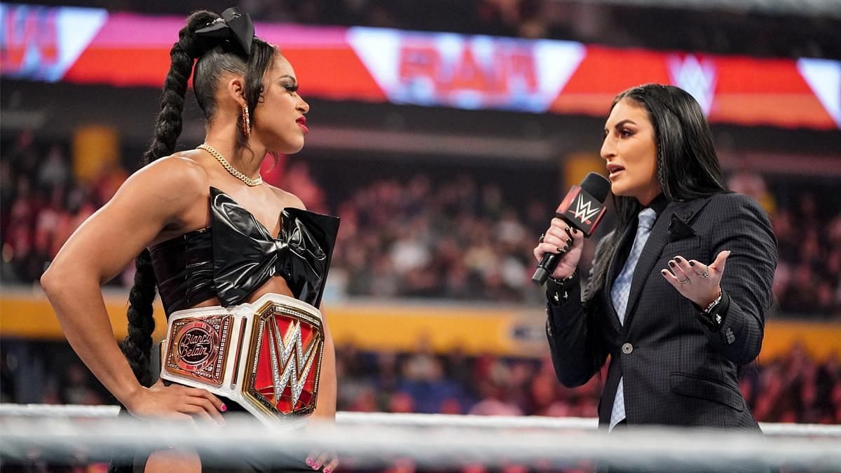 RAW Women&#039;s Champion Bianca Belair in the ring with Sonya Deville