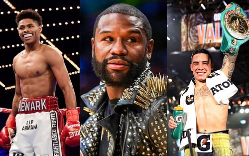 Shakur Stevenson (left), Floyd Mayweather (center) and Oscar Valdez (right)