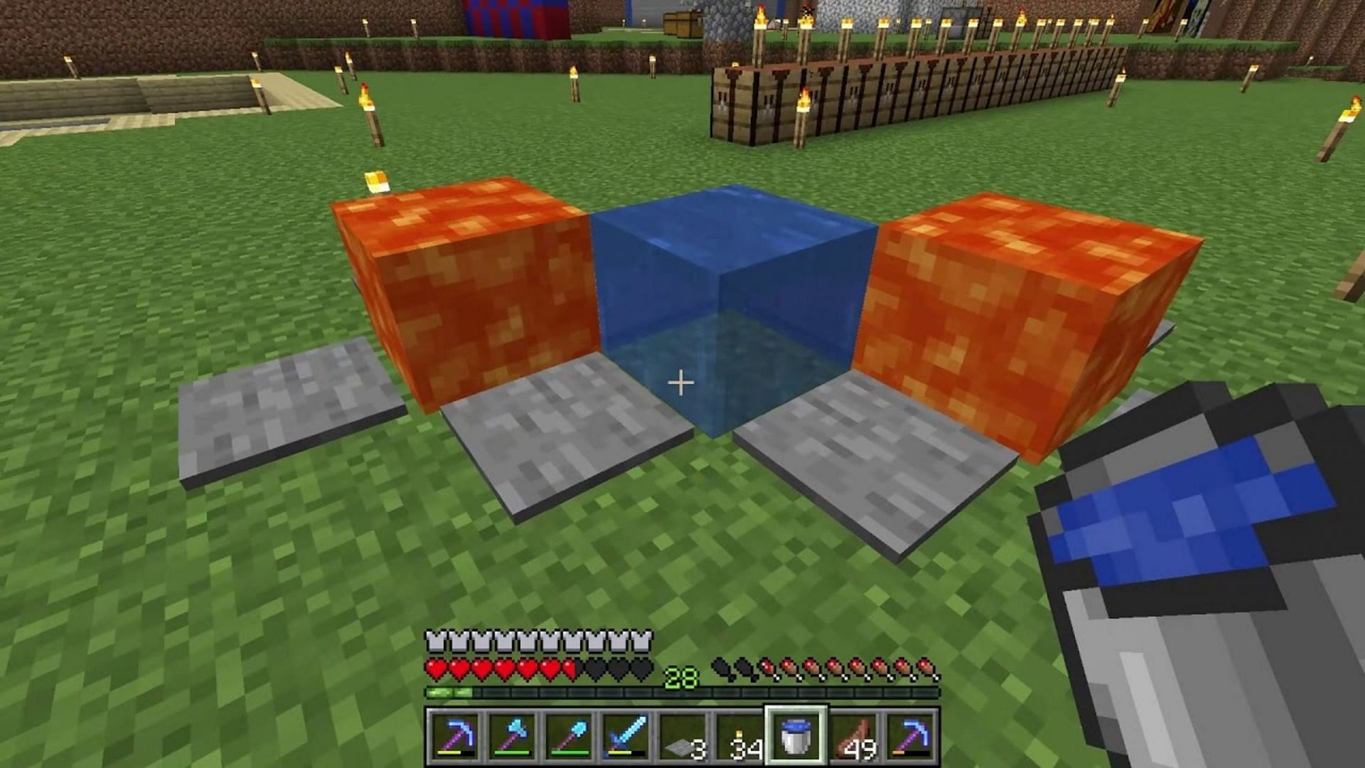Pressure plates can stop water and lava flows immediately (Image via Waifu Simulator 27/YouTube)