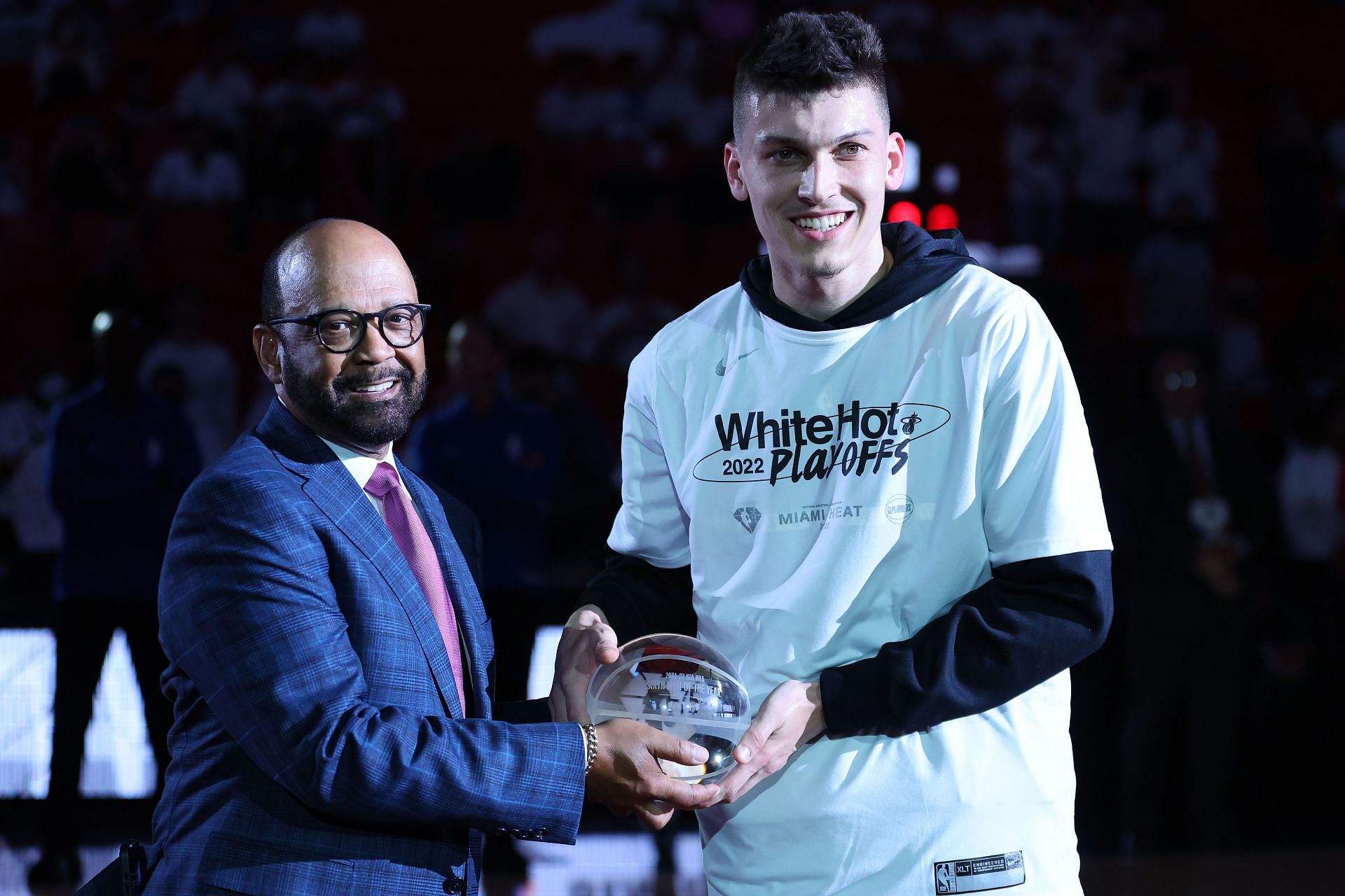 Tyler Herro of the Miami Heat is presented with the NBA Sixth Man of the Year award prior to Game 2.