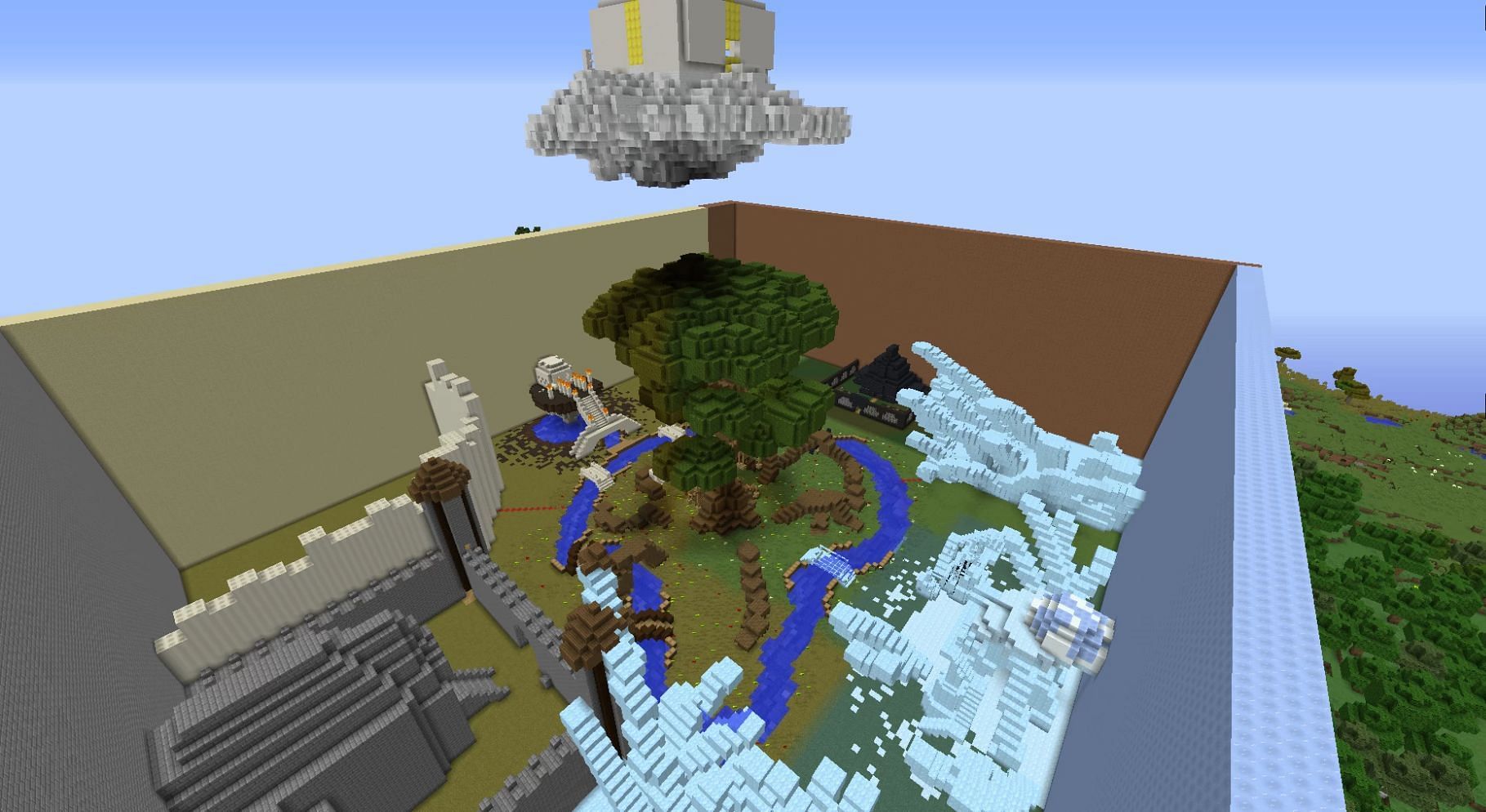 An aerial view of the map&#039;s main location (Image via Minecraft)