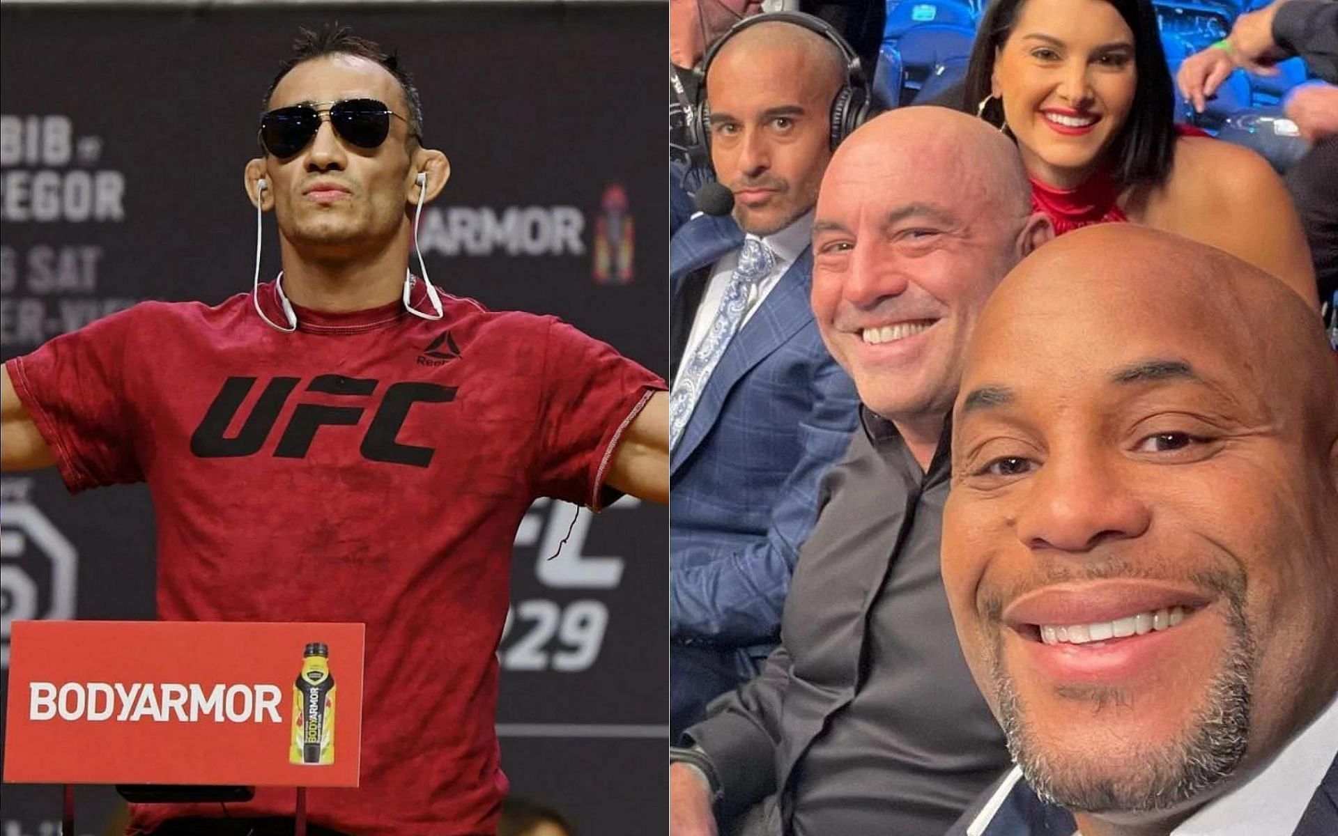 Tony Ferguson (left) and Daniel Cormier, Joe Rogan, Jon Anik &amp; Megan Olivi (right)