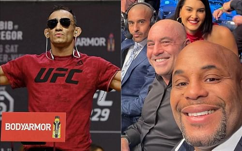 Tony Ferguson (left) and Daniel Cormier, Joe Rogan, Jon Anik & Megan Olivi (right)