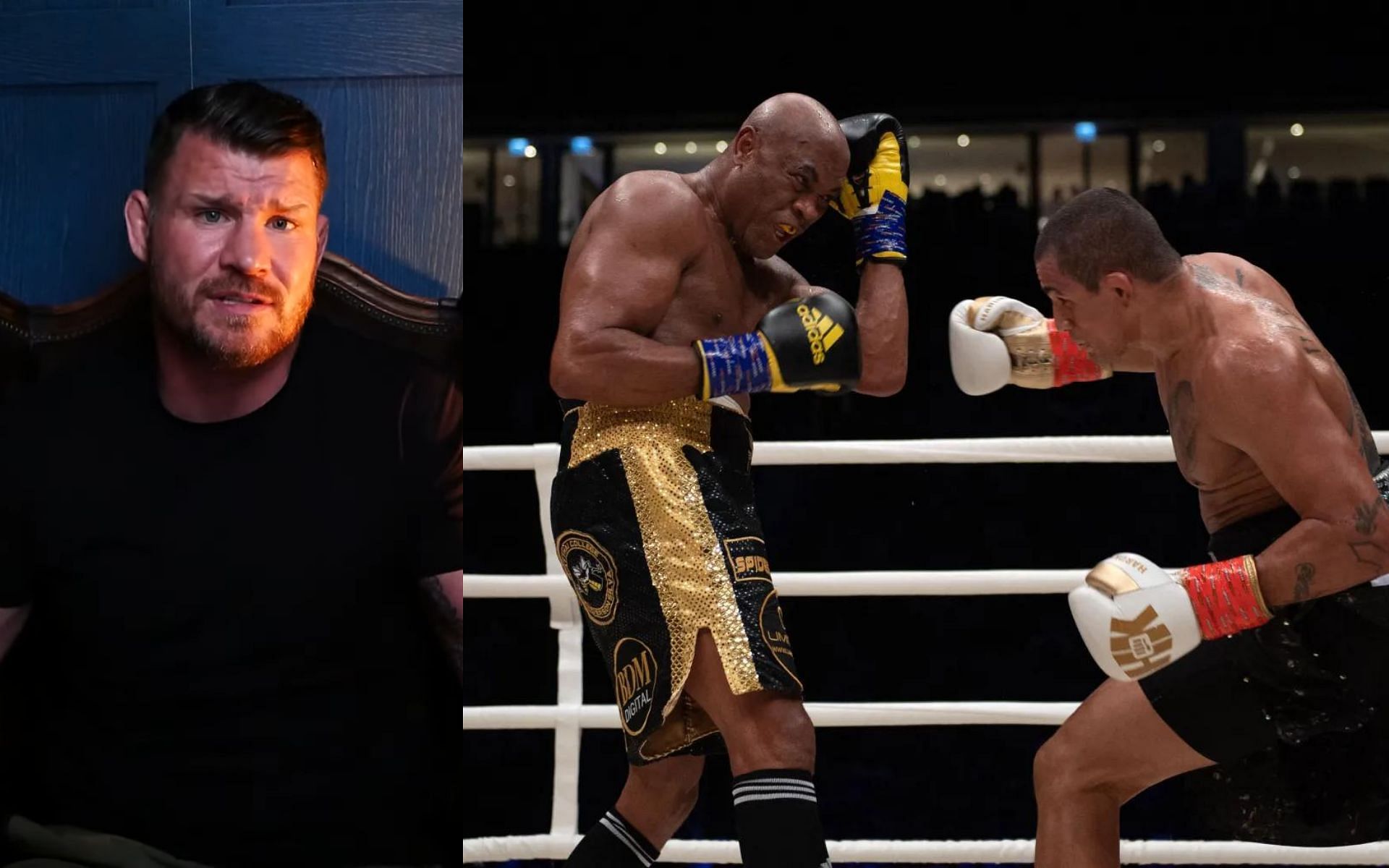 Michael Bisping (L) via YouTube/ Michael Bisping; Anderson Silva (C) competes with Bruno Machado (R) during the Abu Dhabi Unity Boxing event