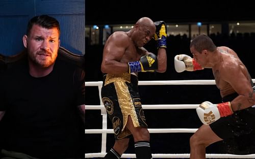 Michael Bisping (L) via YouTube/ Michael Bisping; Anderson Silva (C) competes with Bruno Machado (R) during the Abu Dhabi Unity Boxing event