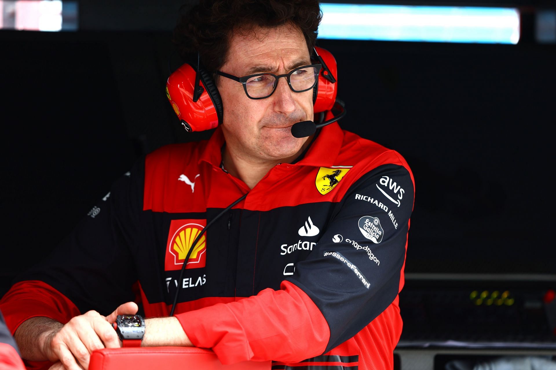 Ferrari Team Principal Mattia Binotto looks on from the pitwall during final practice ahead of the F1 Grand Prix of Miami at the Miami International Autodrome on May 07, 2022 in Miami, Florida. (Photo by Mark Thompson/Getty Images)