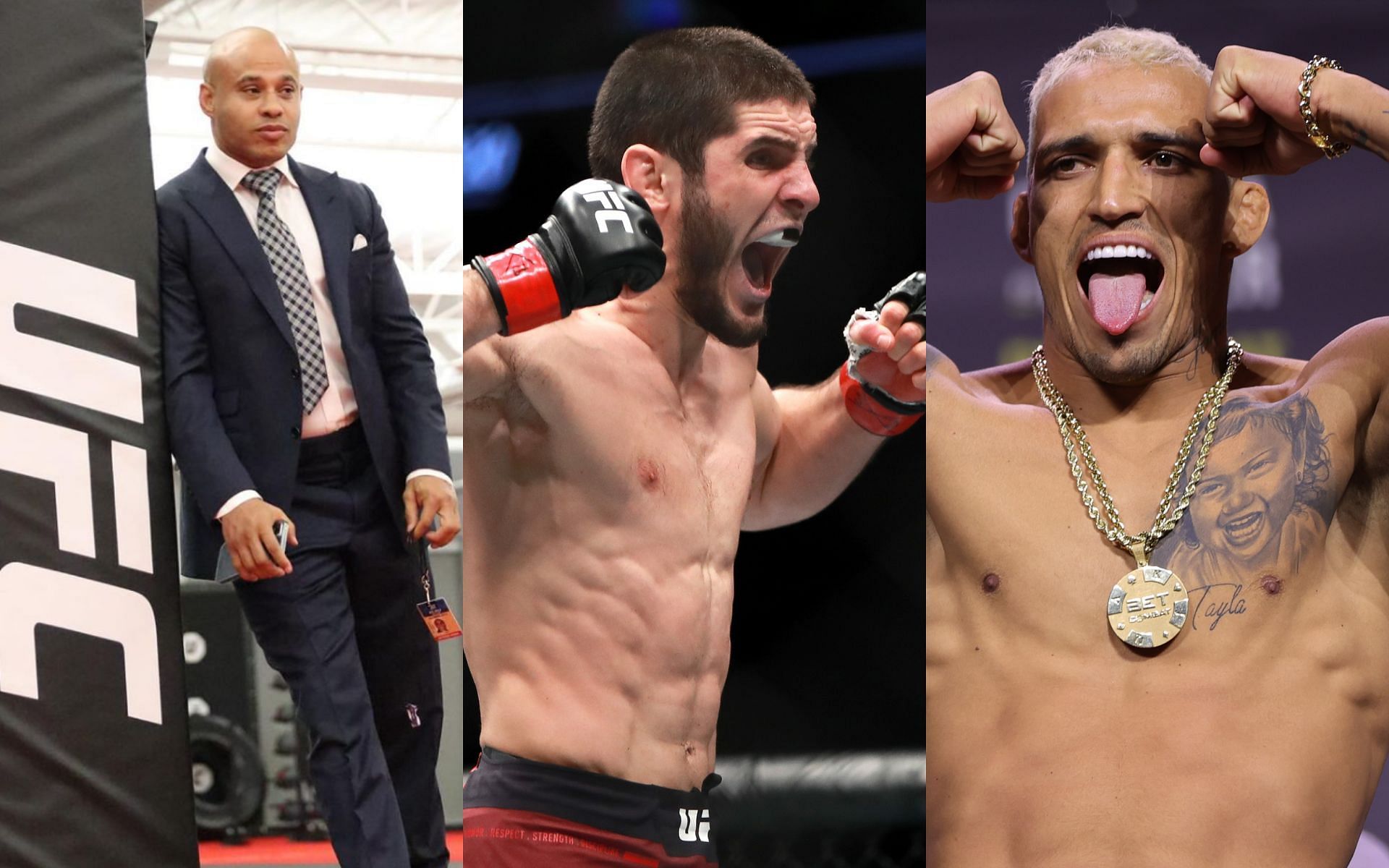 Ali Abdelaziz (left, image courtesy of @aliabdelaziz000 Instagram); Islam Makhachev and Charles Oliveira (center and right, images courtesy of Getty)