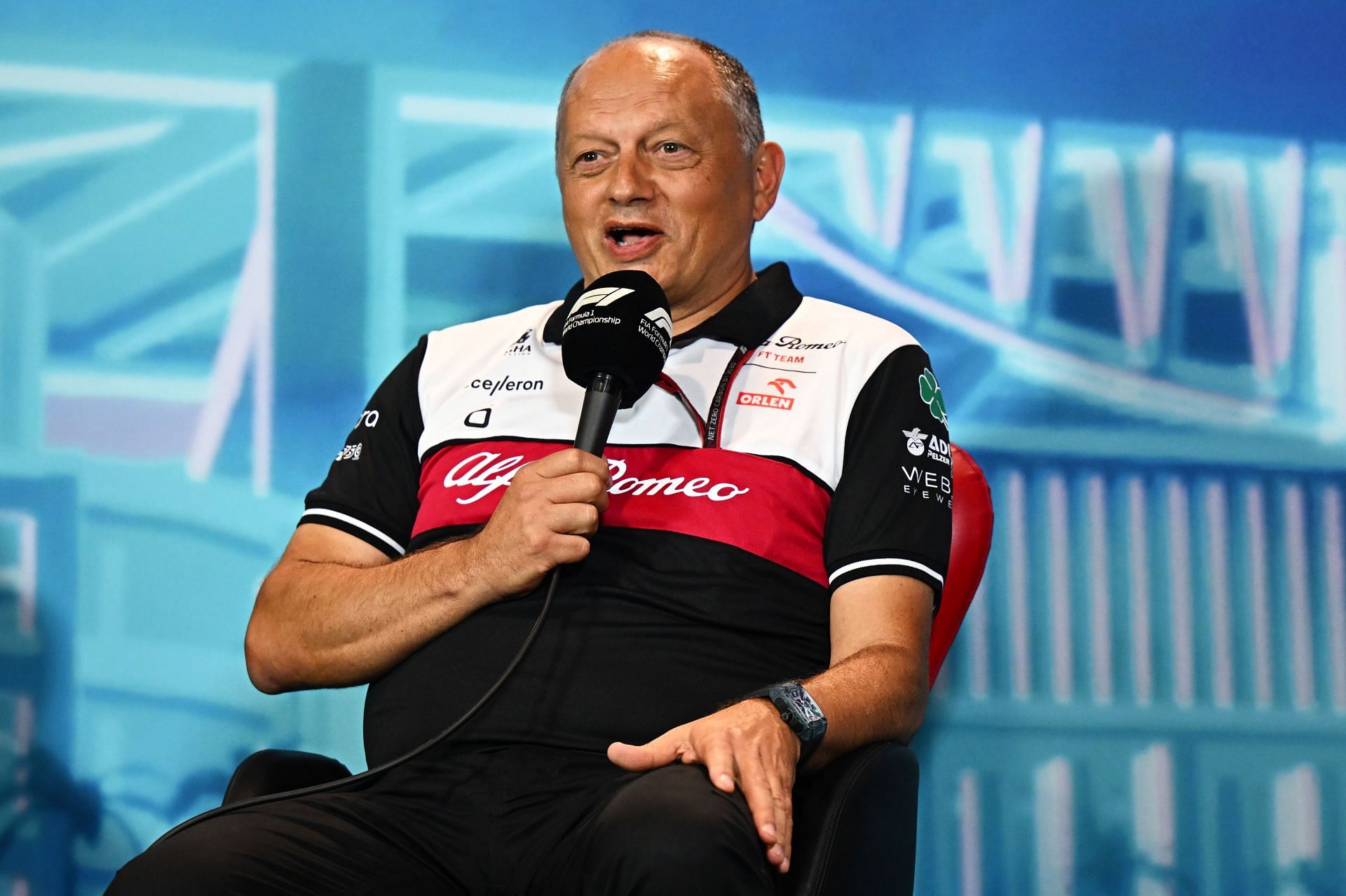 Alfa Romeo&#039;s Frederic Vasseur speaking to the media before the 2022 F1 Miami GP. (Photo by Clive Mason/Getty Images)