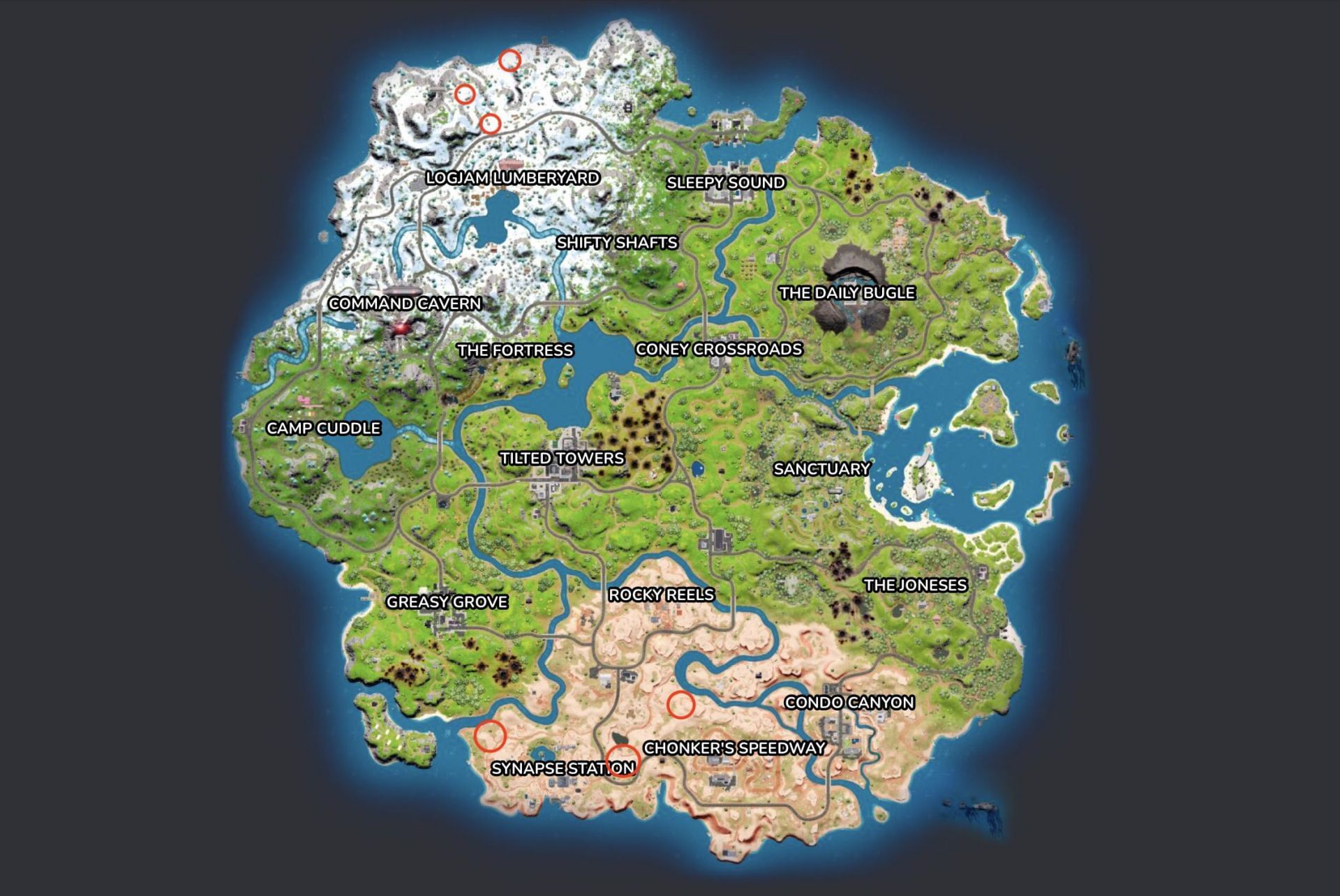 All Klombo Geysers in Fortnite Chapter 3 Season 2 (Image via Sportskeeda)