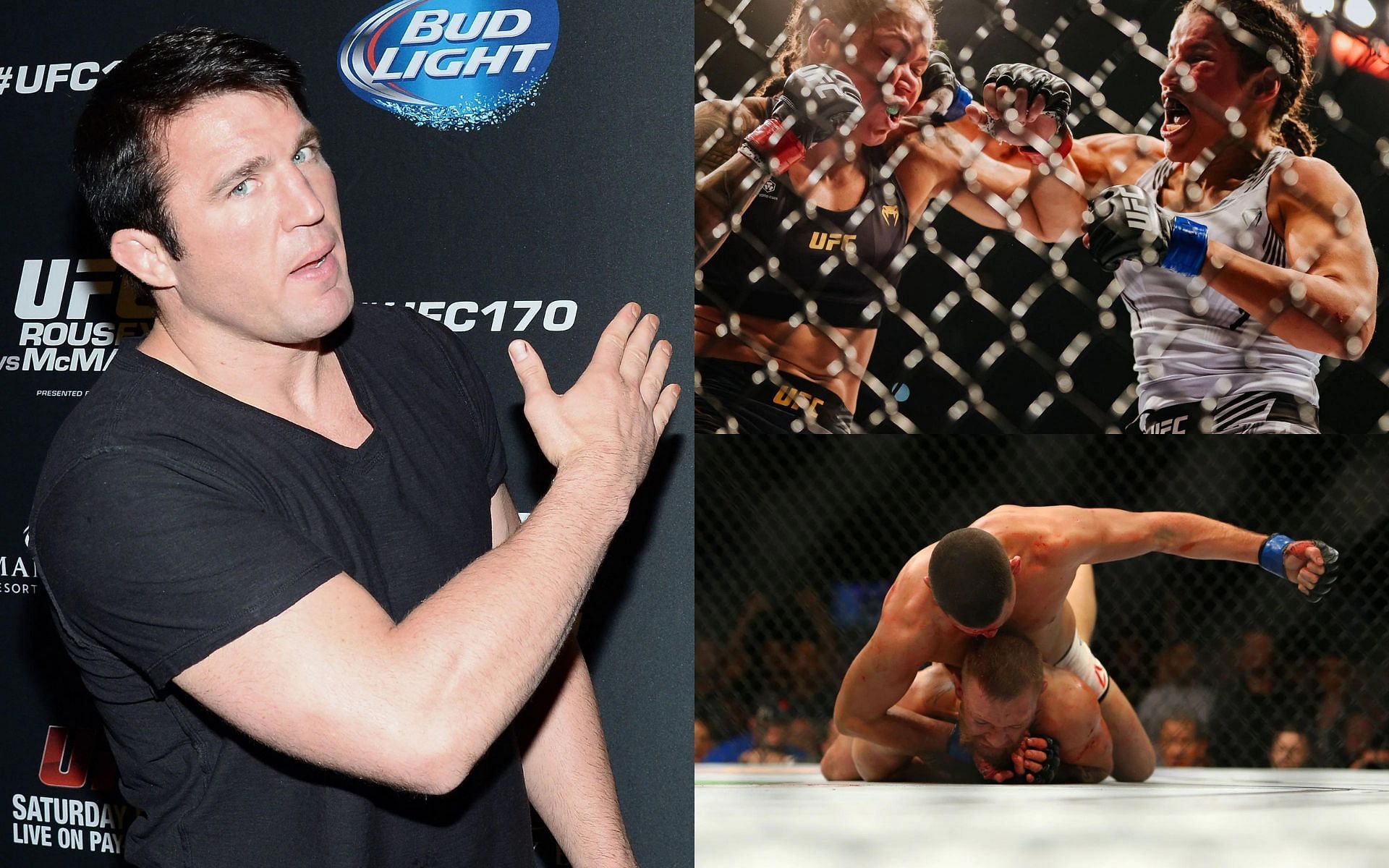 Chael Sonnen (Left), Amanda Nunes vs. Julianna Pena (Top Right), and Conor McGregor vs, Nate Diaz 1 (Bottom Right) (Images courtesy of Getty)