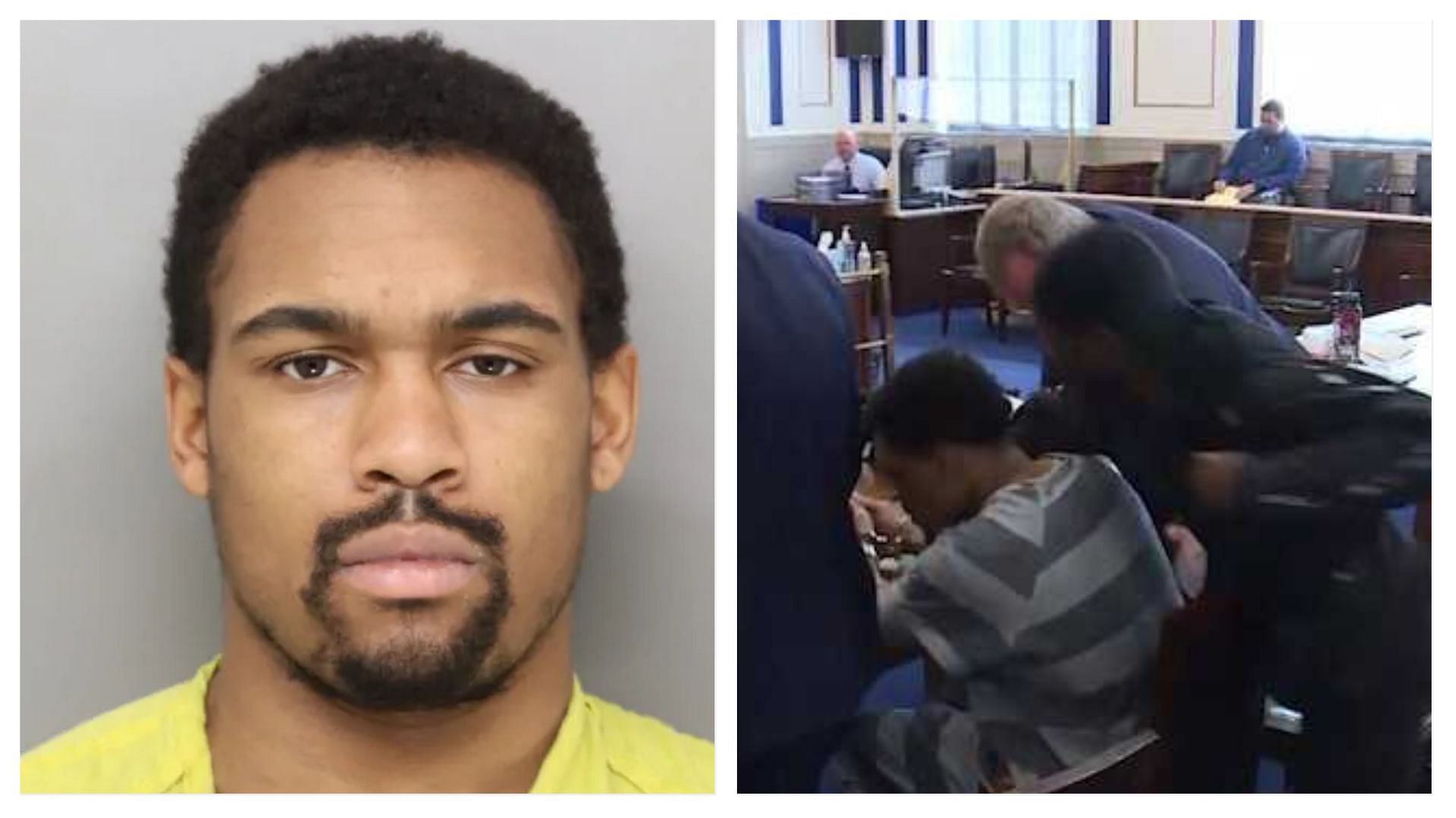 Antonio Hughes was recorded attacking his sons&#039; alleged killer in court on Thursday (images via Ohio State Police Department and Youtube)