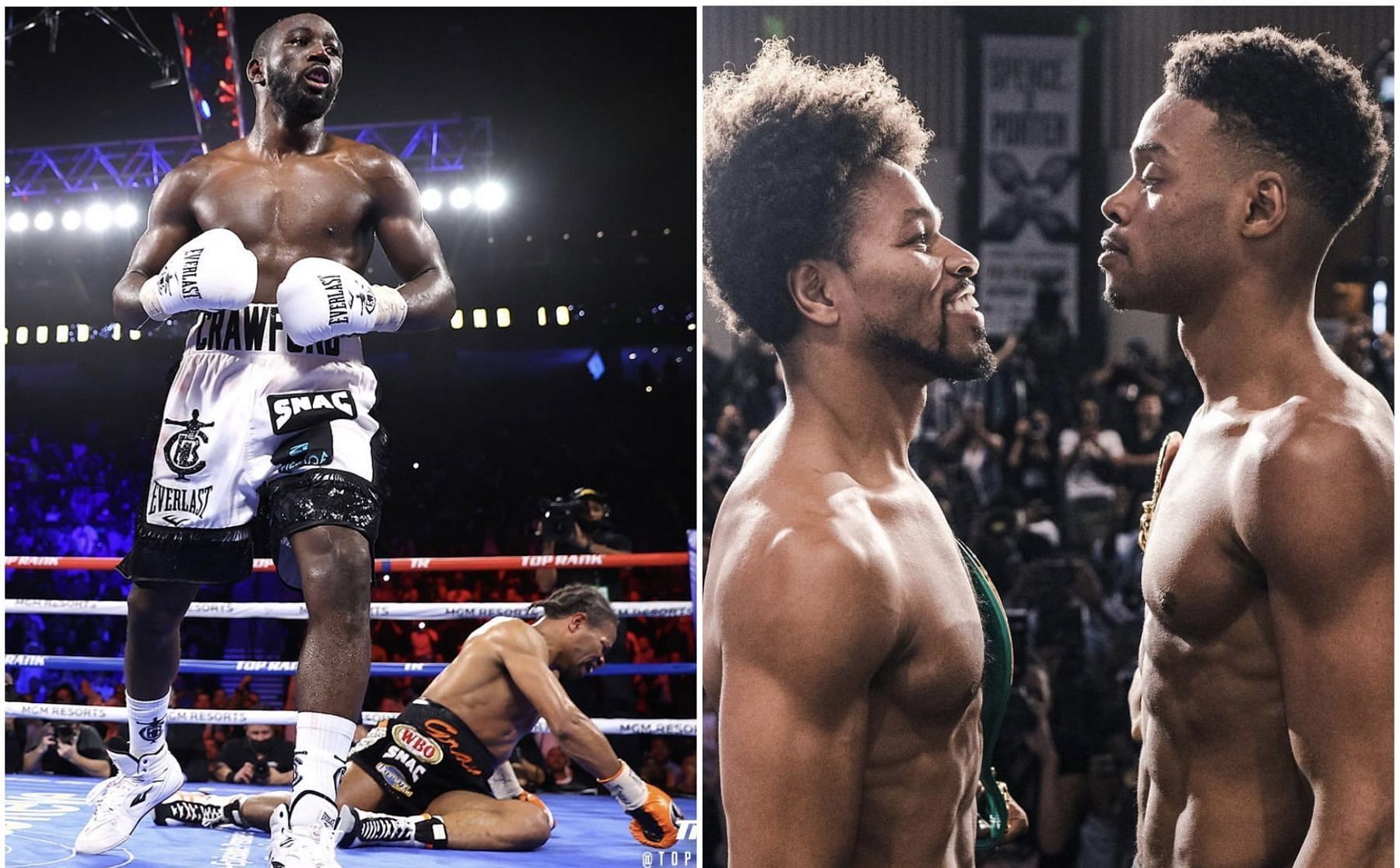 Terence Crawford vs. Shawn Porter (left), Errol Spence Jr. vs. Shawn Porter (right) [Images via @toprank and @boxingnewsonline on Instagram]