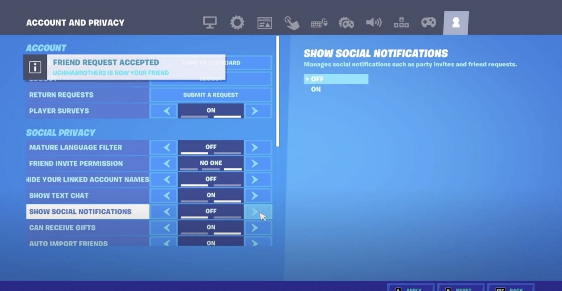 Show Social Notifications option in Account Settings (Image via VYC Gaming/YouTube)