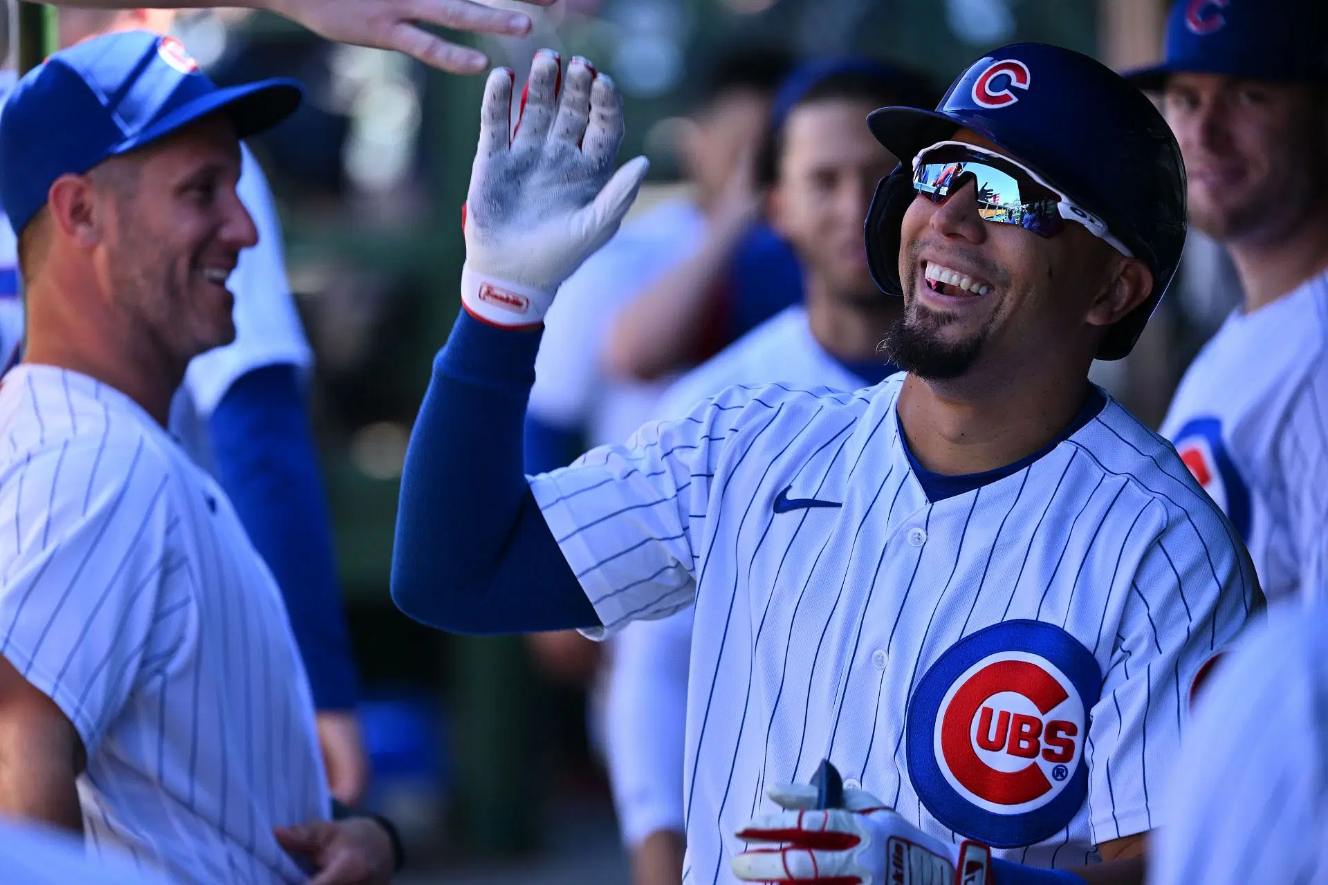Christopher Morel is greeted by teammates during today&#039;s Atlanta Braves v Chicago Cubs game.