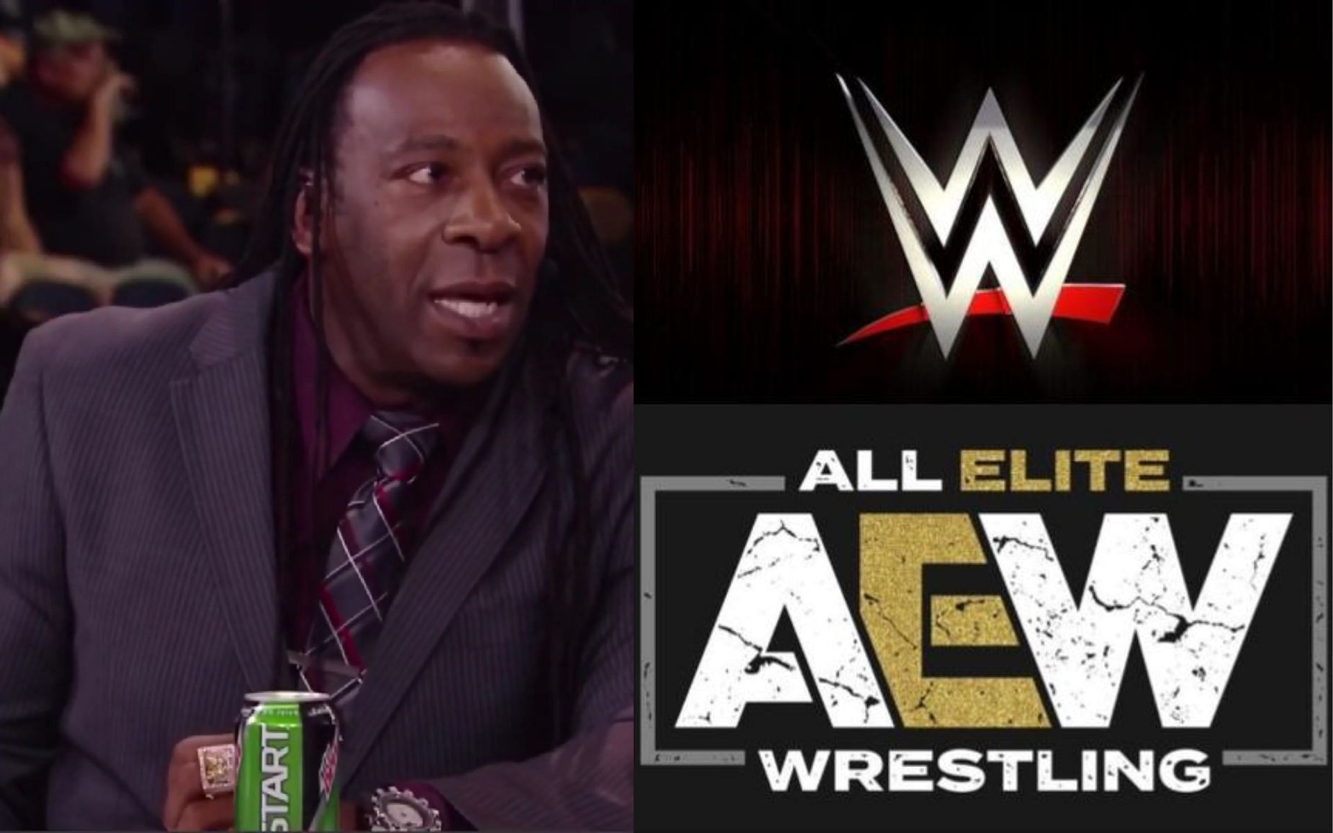 Booker T (left) and WWE and AEW logos (right)