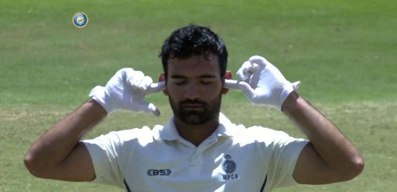 Yash Dubey does the KL Rahul celebration after reaching his hundred. Pic: BCCI