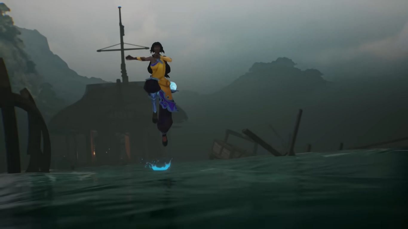 Nilah running through waters in League of Legends (Screengrab via League of Legends&#039; Nilah trailer)