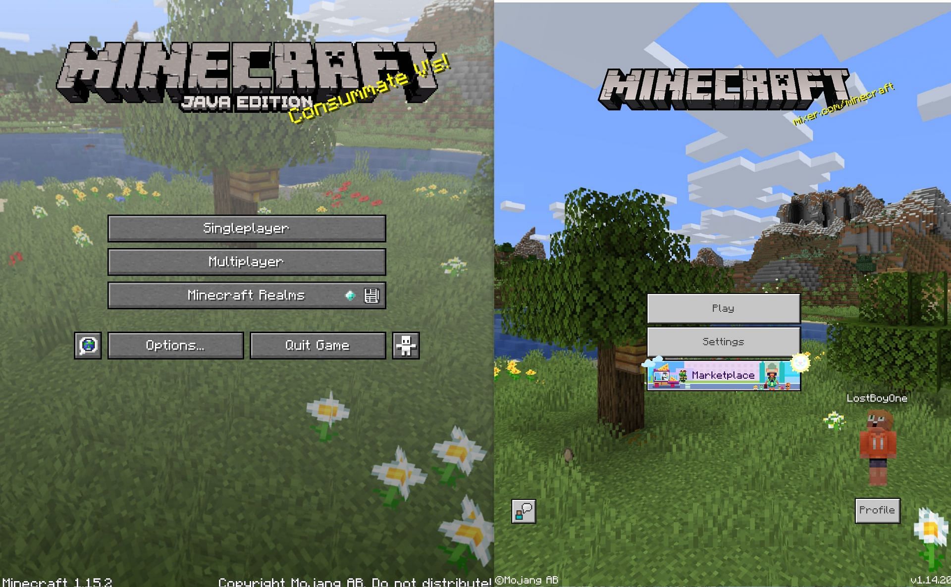 A comparison between the Bedrock and Java title screens (Image via Minecraft)