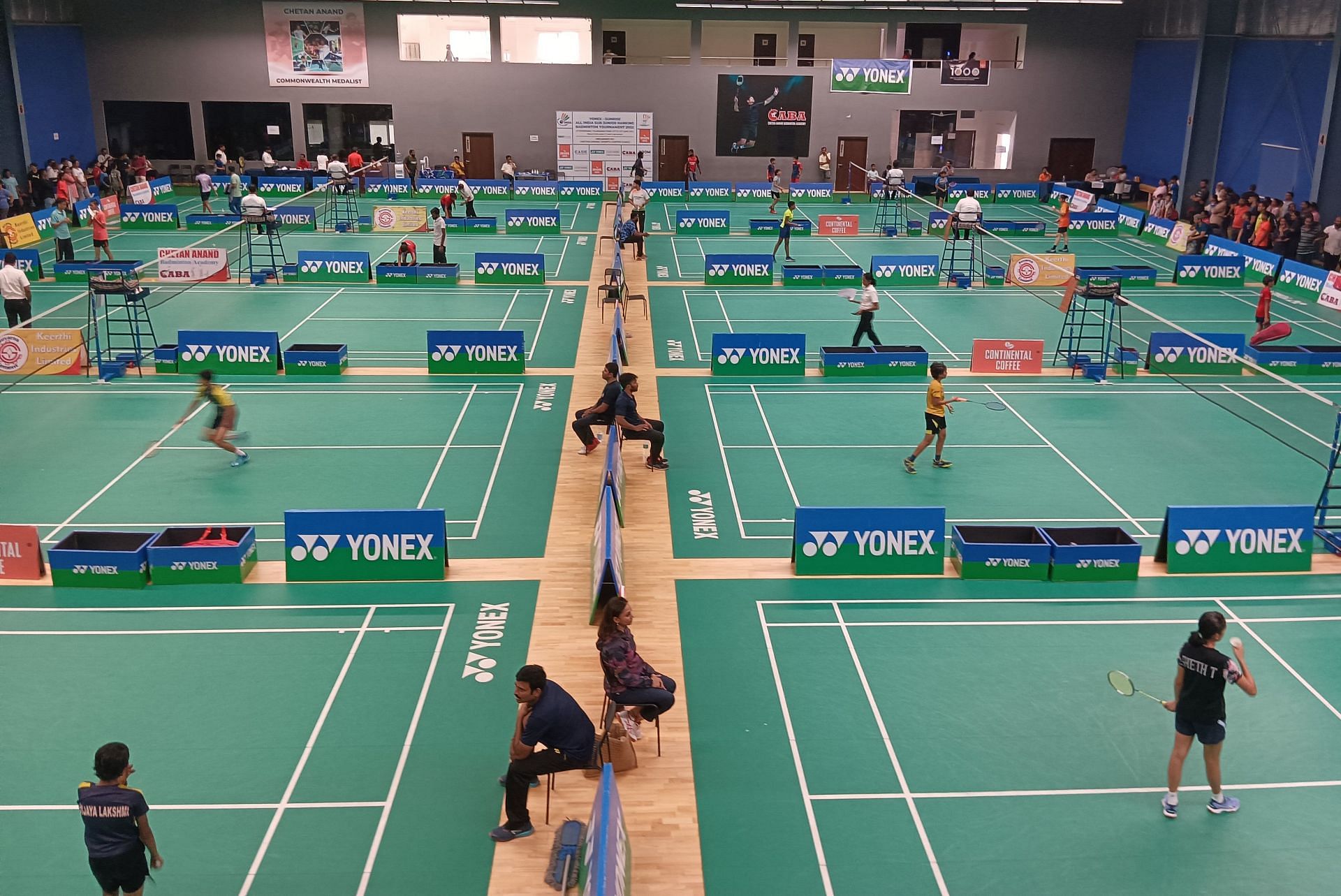 Participants in action during the ongoing Yonex-Sunrise All India Sub Junior Under-13 Ranking Badminton tournament at the Chetan Anand Sports Centre in Hyderabad. (Pic credit: BAI)
