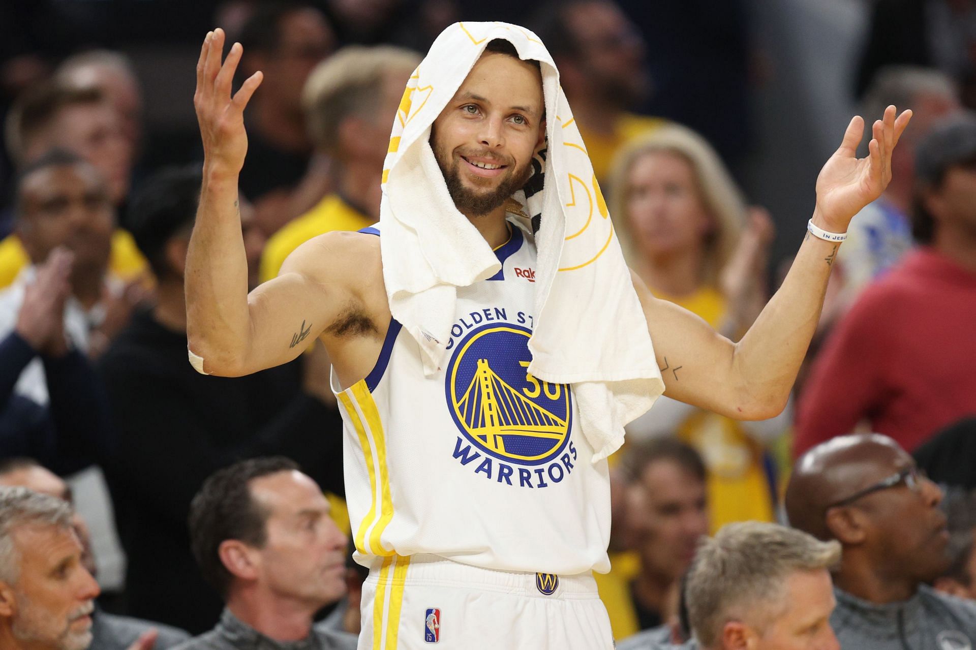 Stephen Curry of the Golden State Warriors on the bench during Game 5 of the NBA Finals