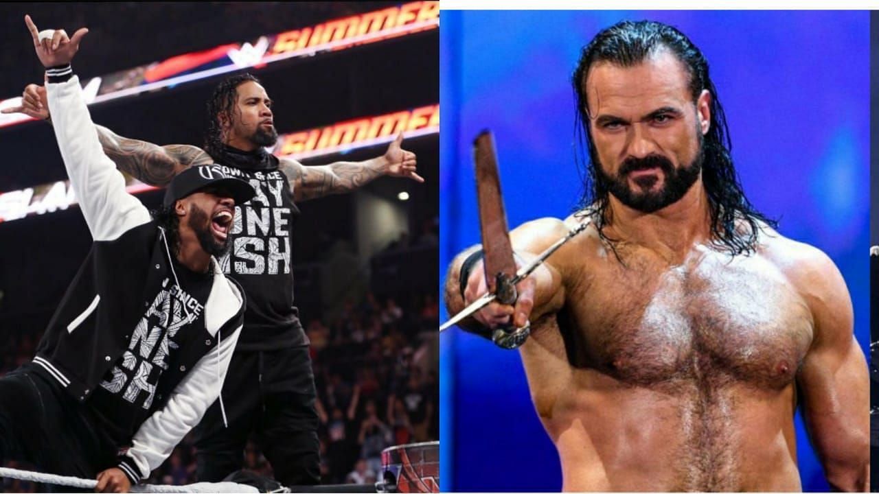 The Usos (L) and Drew McIntyre (R)
