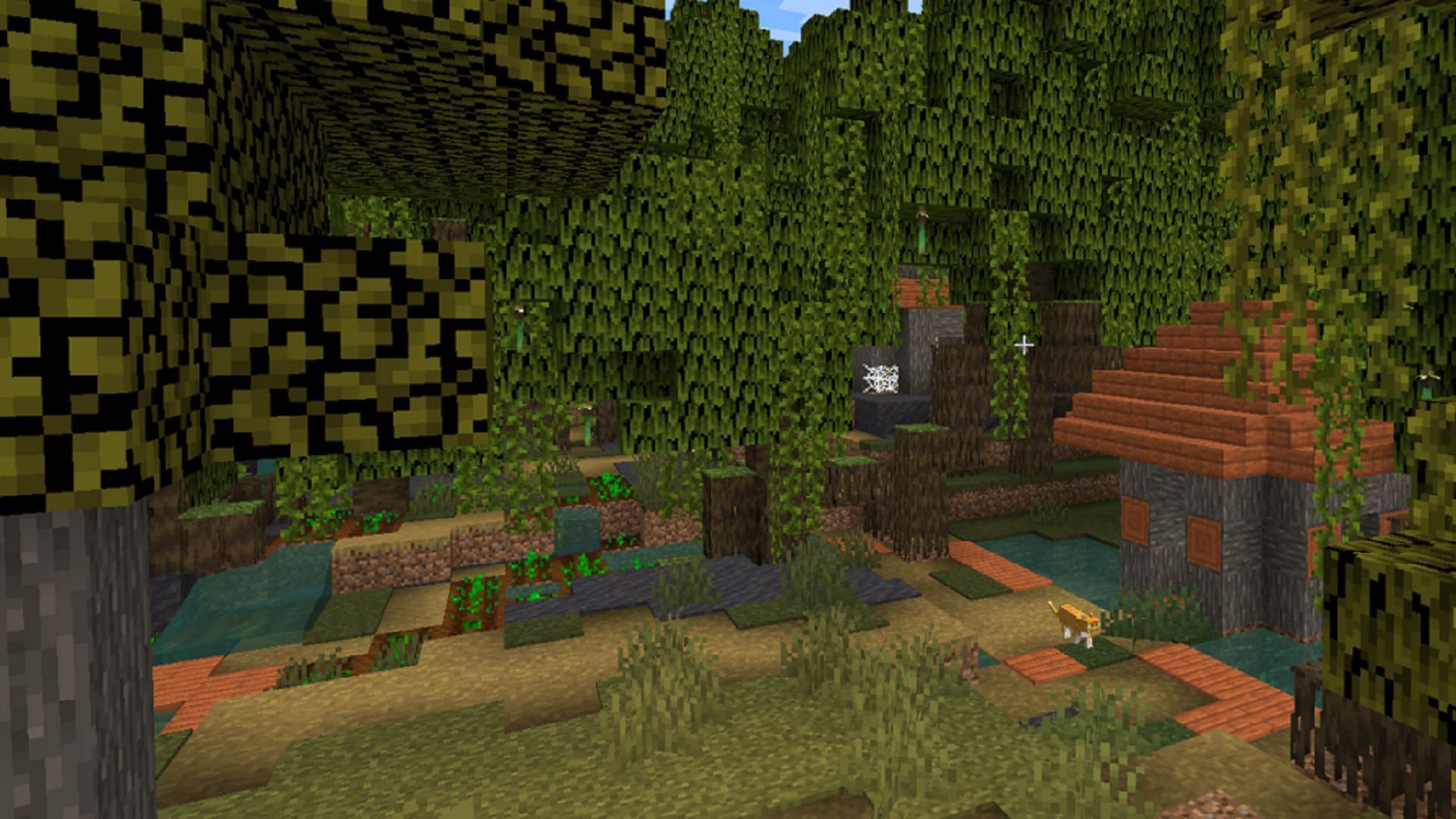 A savannah village is overgrown with mangrove forest (Image via Mojang)