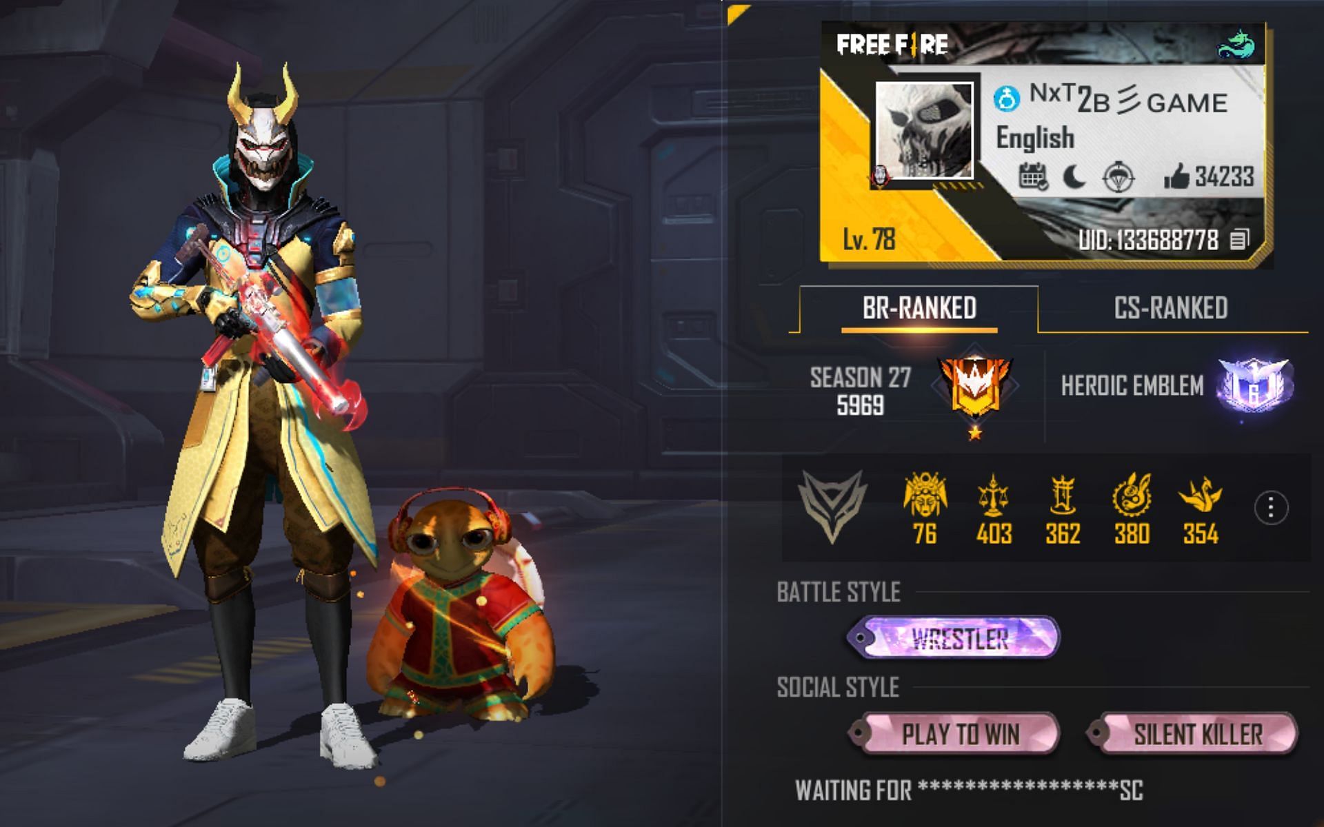 This is 2B Gamer&#039;s Free Fire MAX ID (Image via Garena)
